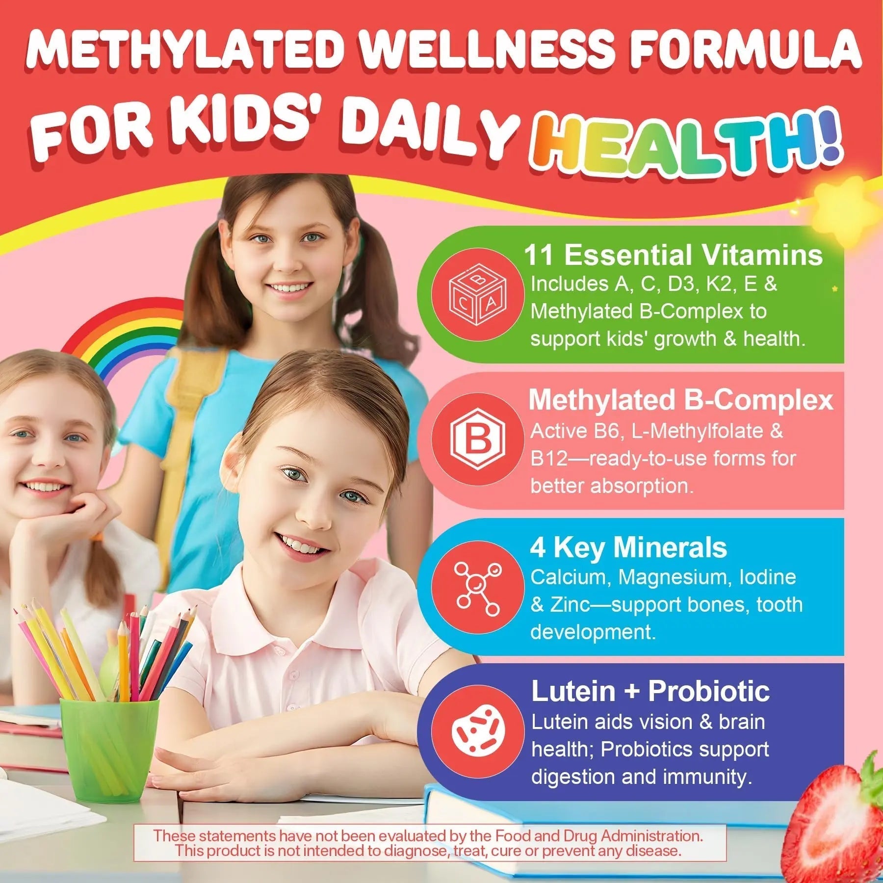 Kids Multivitamin Gummies + Calcium, Probiotics, Vitamin D3, C, Methylated B12 & Methylfolate, B6, A, K2, E, Zinc NEVISSAu supplements