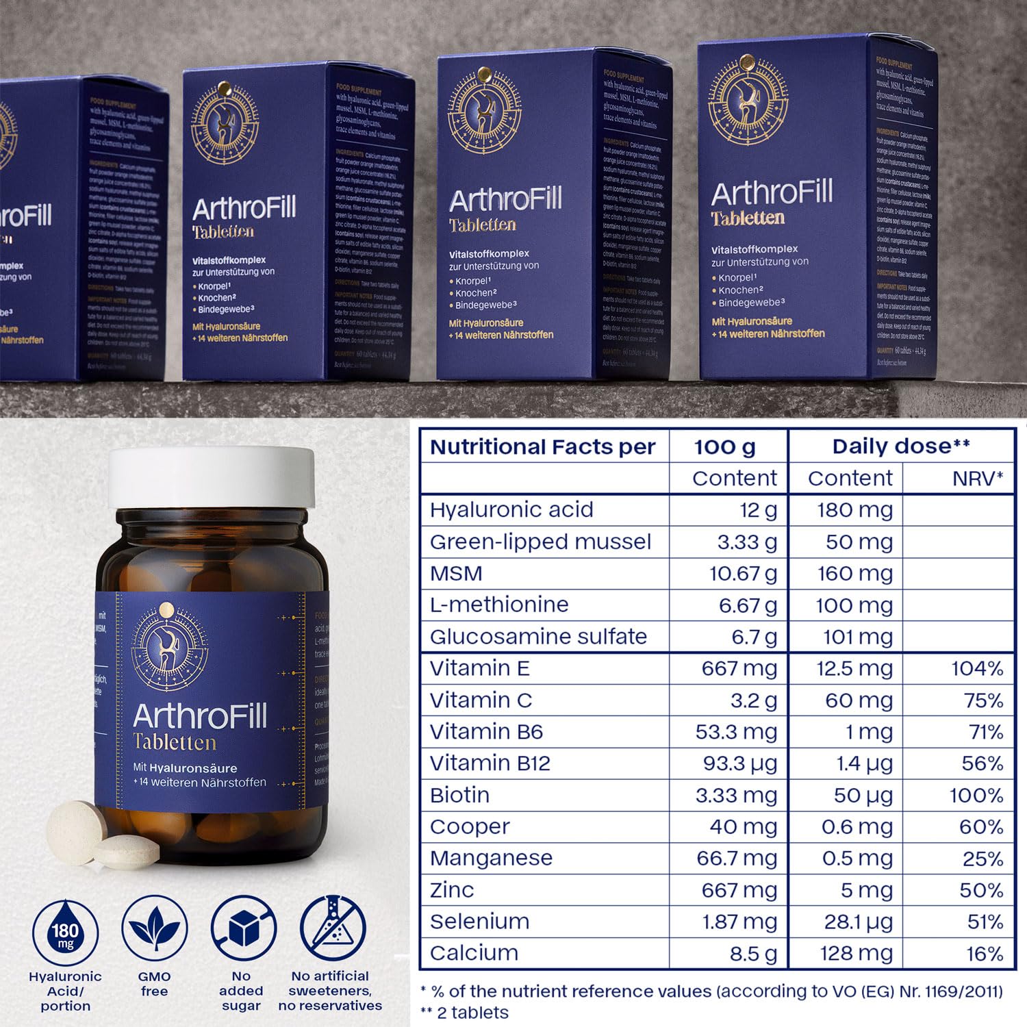 ArthroFill™ Tablets - Proven European Joint Relief - Vegan Hyaluronic Acid - Nutrient Complex - Support Active Movement Functions with 15 Vital Micronutrients - Made in Germany ArthroFillAu supplements