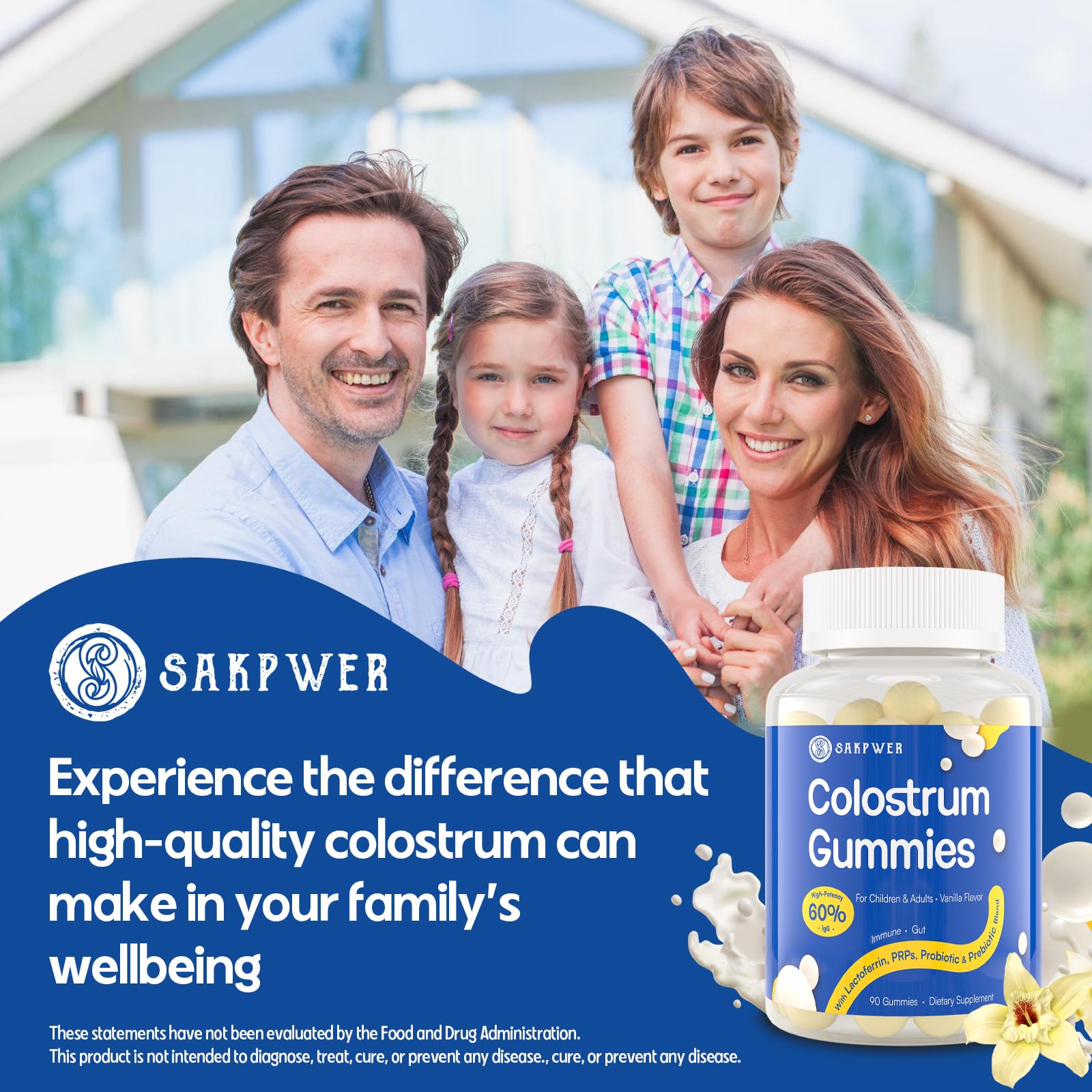 Sakpwer Bovine Colostrum Supplement Gummies - with 60% Highest IgG, Lactoferrin, Probiotics and Prebiotics for Adults and Kids, Vanilla Flavor & Sugar Free, 90 Gummies SakpwerAu supplements