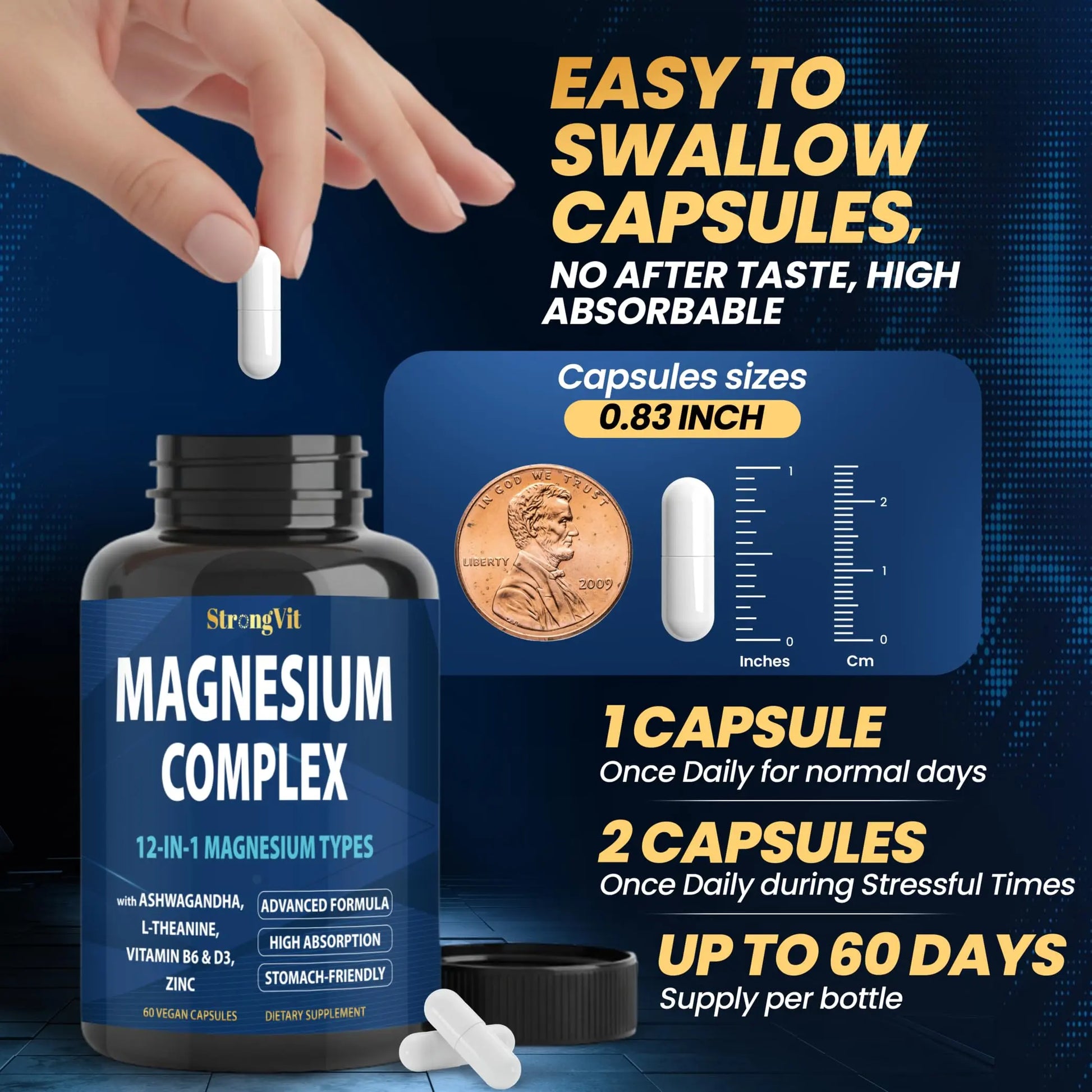 1000mg Magnesium Complex for Women and Men, 12 in 1 Magnesium Supplement with Ashwagandha, Zinc, D3, L-theanine. Easy to Swallow, High Absorption, Sleep Support & Stress Relief (60 Capsules) StrongVitnz supplements