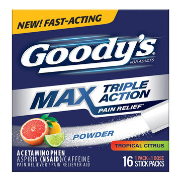 Goody’s Max Triple Action Pain Relief – Headache Relief Powder with Acetaminophen, Aspirin & Caffeine for Fast, Effective Relief of Tough Headaches, Tropical Citrus, 16 Count Goody'sAu supplements