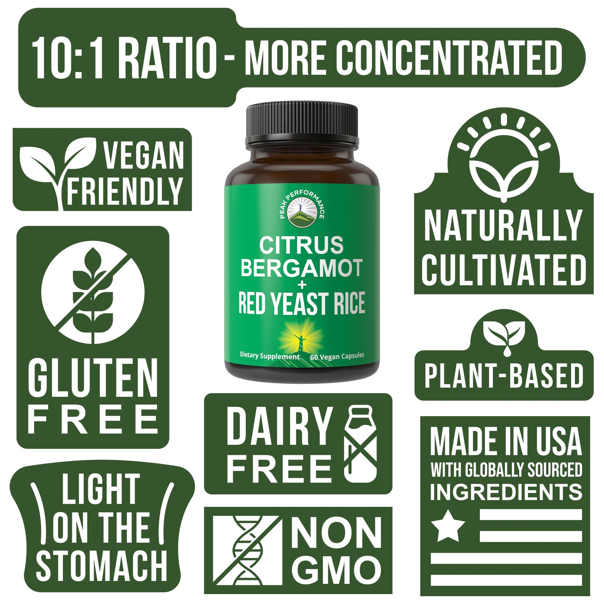 Citrus Bergamot + Red Yeast Rice. 2-in-1 Supplement. High Strength 10:1 Bergamot Extract. No Gluten, Zero Sugar, Vegan Capsules Peak PerformanceAu supplements