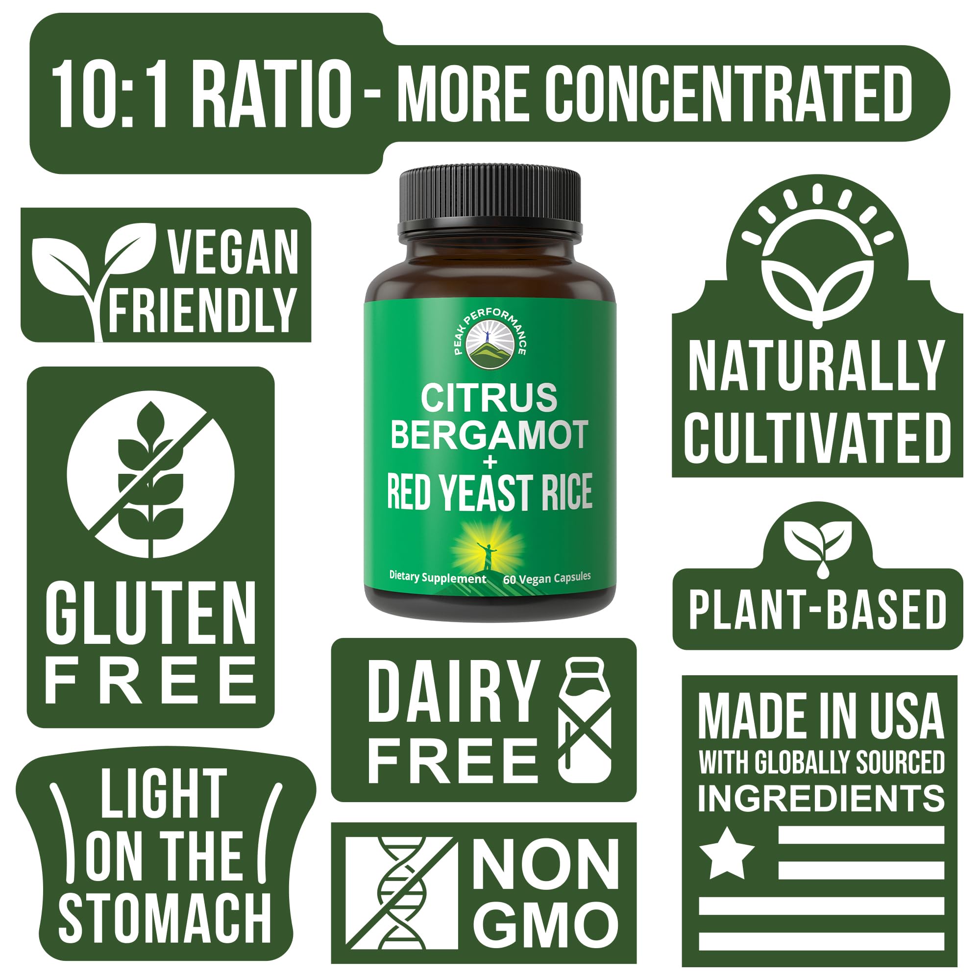 Citrus Bergamot + Red Yeast Rice. 2-in-1 Supplement. High Strength 10:1 Bergamot Extract. No Gluten, Zero Sugar, Vegan Capsules Peak PerformanceAu supplements