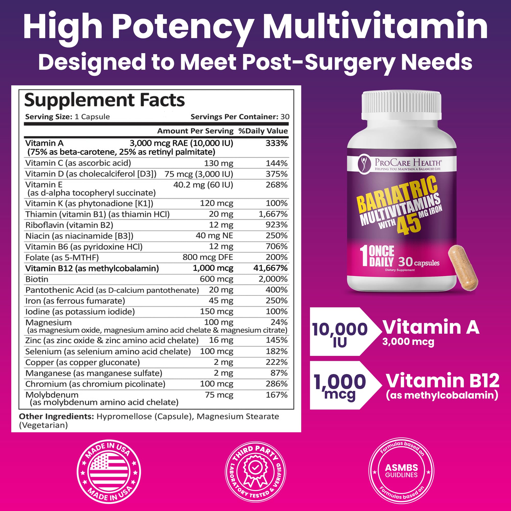 ProCare Health Bariatric Multivitamin with 45mg Iron (30 Easy to Swallow Capsules) - Once Daily Post-Op Support for Gastric Bypass ProCare HealthAu supplements