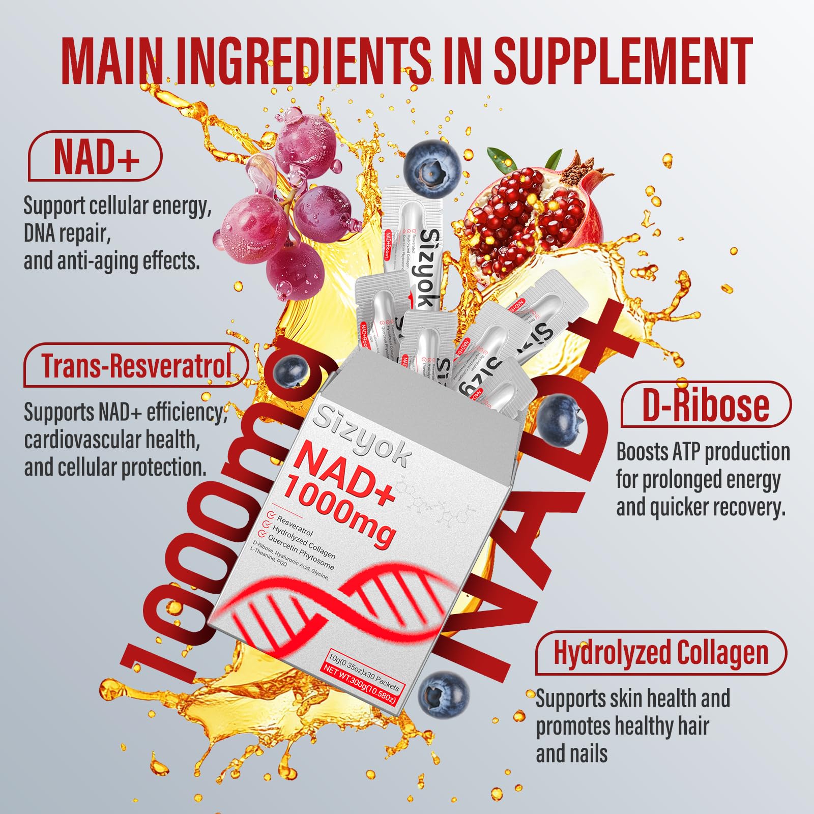 NAD+ Supplement 1000mg Liquid - High Absorption NAD+ with Trans Resveratrol 2000mg, Collagen & Hyaluronic Acid, Anti-Aging Energy Support for Women, Cellular Health & Longevity Boost SizyokAu supplements