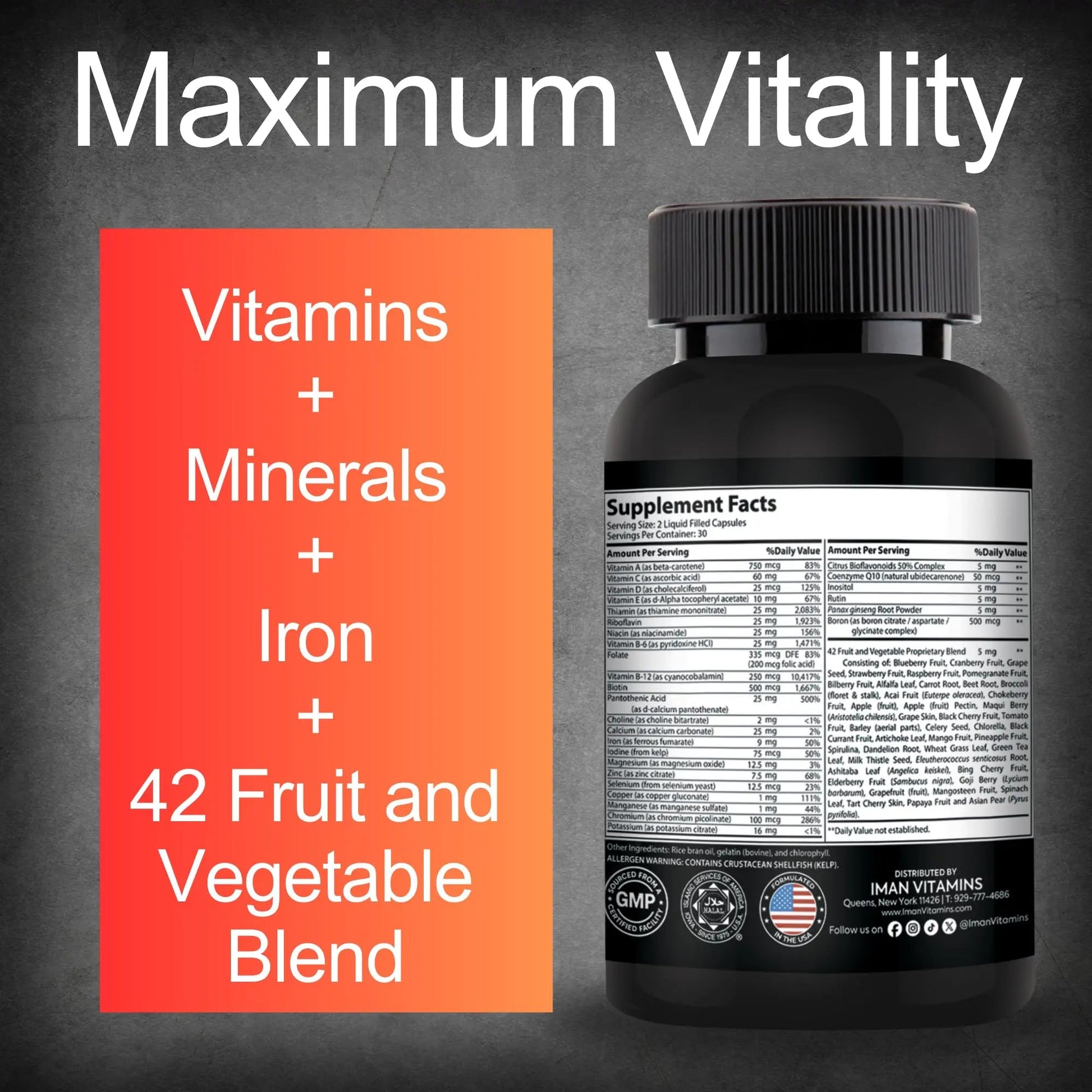 Iman Vitamins Halal Complete Multivitamin Capsules for Adults Men & Women | 42 Fruit & Vegetable Blend Iman VitaminsAu supplements