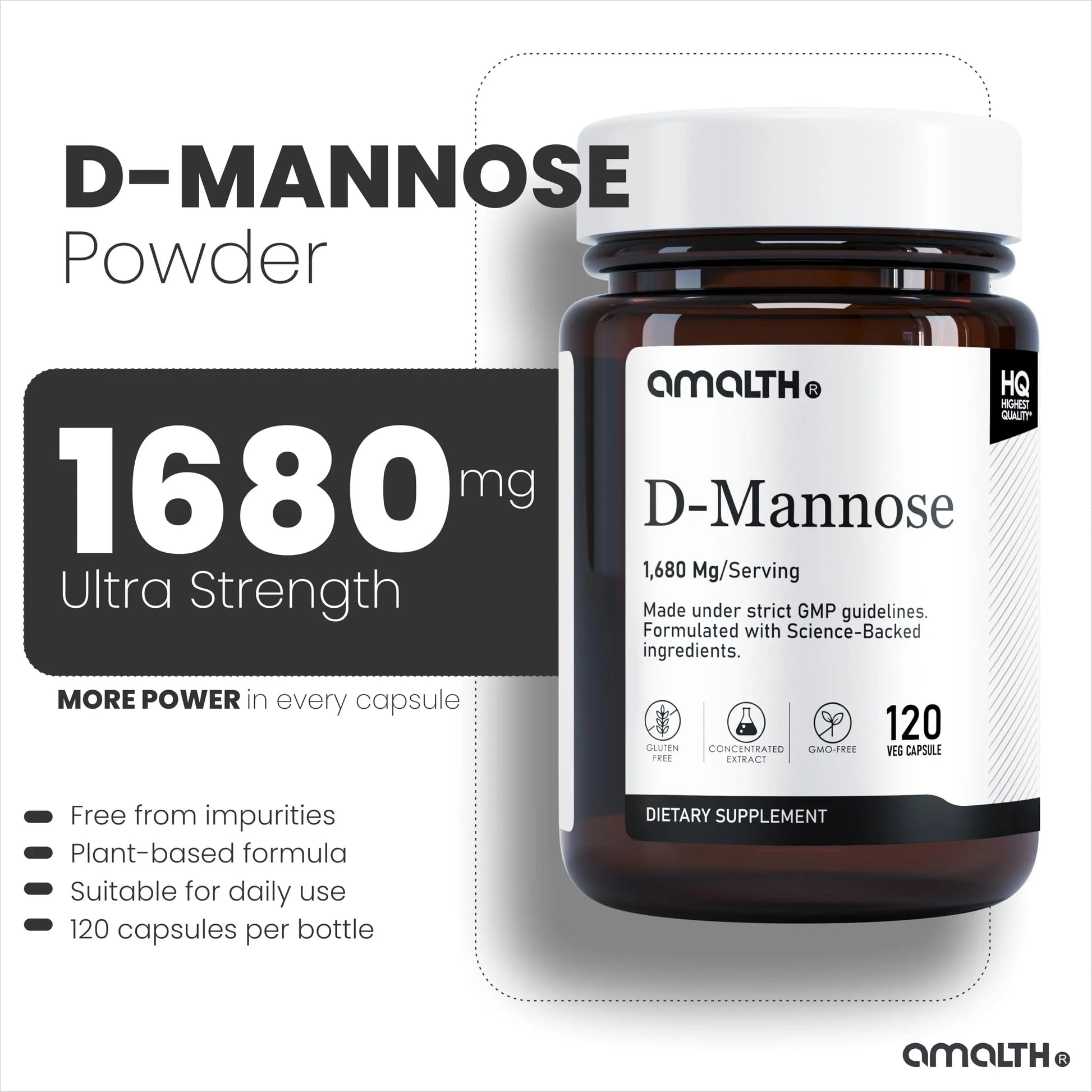 AMALTH D-Mannose Capsules 1680 mg per Serving, 120 Vegan Capsules, Pure Single Ingredient Mannose Supplement, Urinary Tract Support, UTI Wellness Support, Non GMO, Gluten Free AMALTHAu supplements
