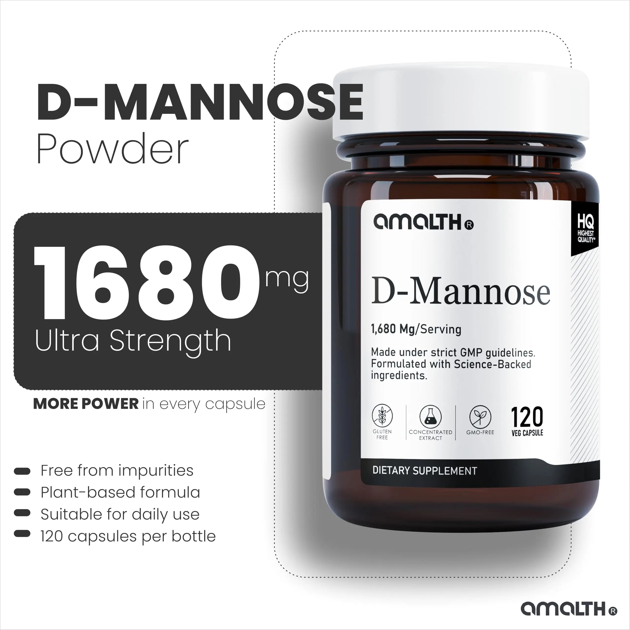 AMALTH D-Mannose Capsules 1680 mg per Serving, 120 Vegan Capsules, Pure Single Ingredient Mannose Supplement, Urinary Tract Support, UTI Wellness Support, Non GMO, Gluten Free AMALTHAu supplements