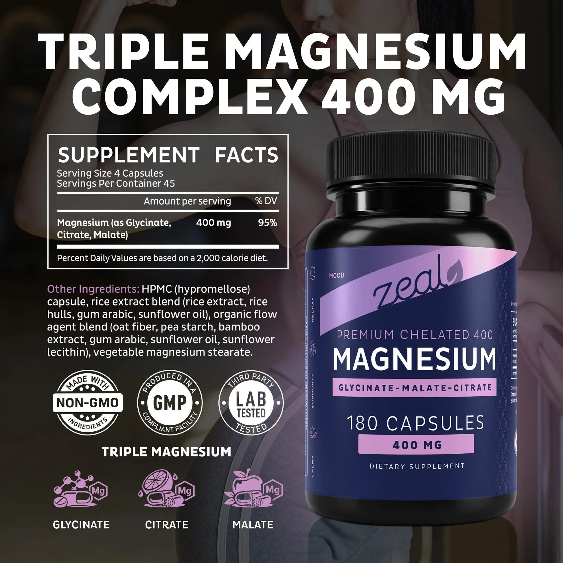 Zeal Naturals Triple Magnesium Complex Supplement - Glycinate, Malate, Citrate | 400mg, 180 Capsules | High Absorption Chelated Magnesium for Sleep, Mood, Muscle Recovery, Relaxation Zeal Naturalsnz supplements