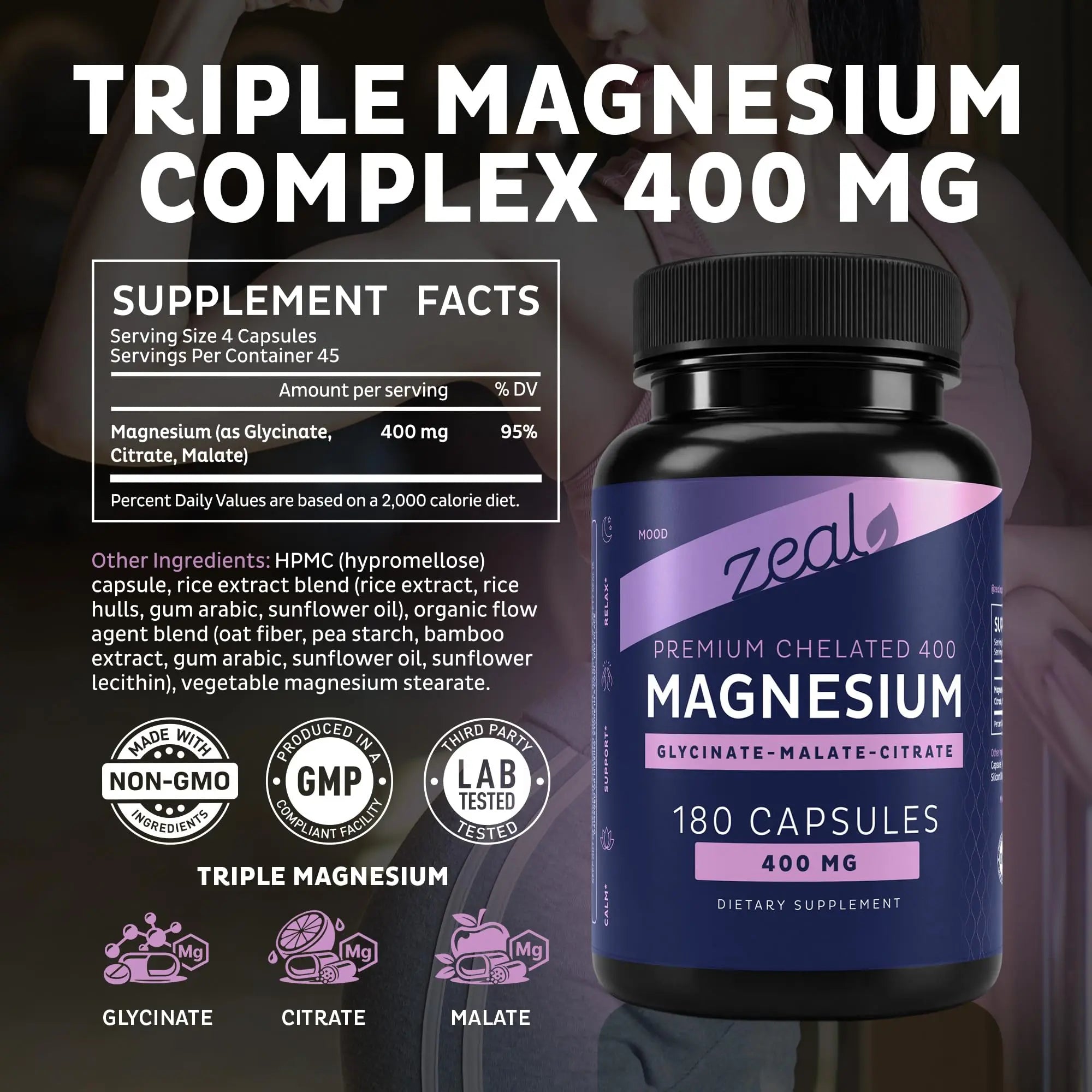 Zeal Naturals Triple Magnesium Complex Supplement - Glycinate, Malate, Citrate | 400mg, 180 Capsules | High Absorption Chelated Magnesium for Sleep, Mood, Muscle Recovery, Relaxation Zeal Naturalsnz supplements