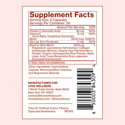 Love Wellness Good to Glow | Collagen Supplement with Biotin, Vitamin C, E, Ashwagandha & Zinc | Promotes Smooth, Glowing & Clear Skin | Enhances Smoothness & Promotes Healthy Skin | 60 Count Love WellnessUS supplements