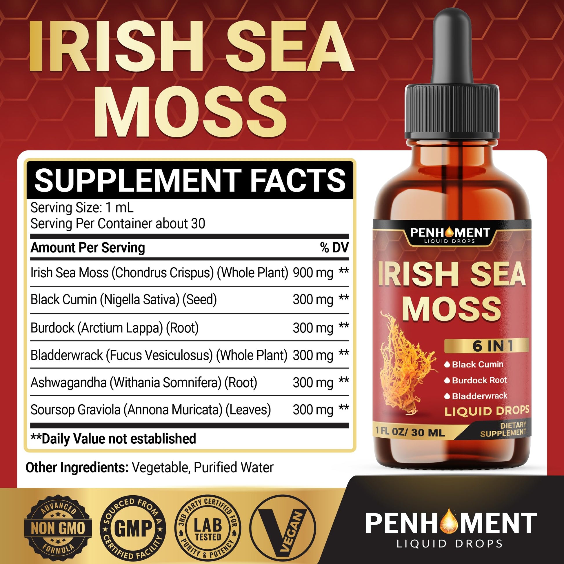 Penhoment 6in1 Sea Moss Drops with Black Seed Oil Irish Seamoss, Ashwagandha, Burdock Root & Bladderwrack - 1FL Oz - 30 Day Supply PenhomentAu supplements