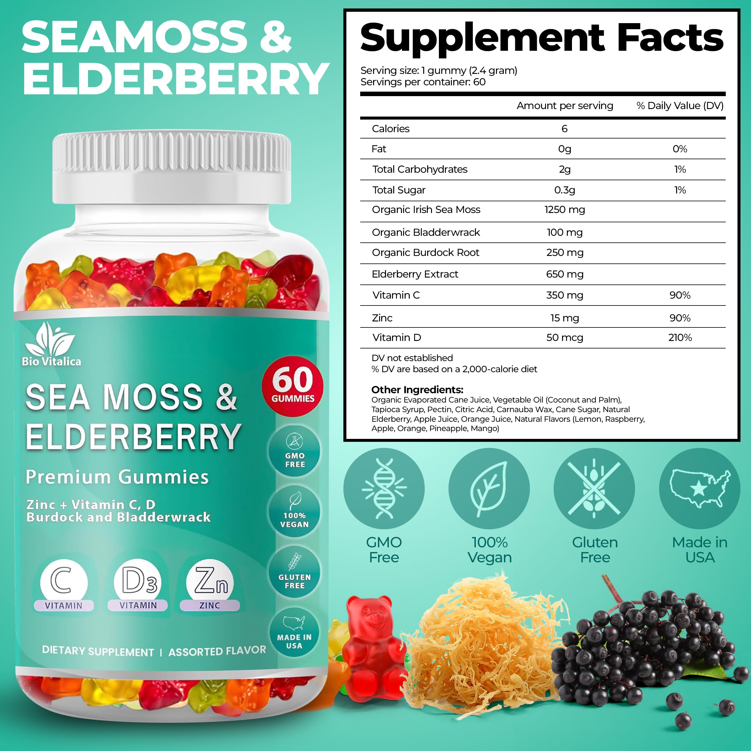 BIO VITALICA Irish Sea Moss Gummies with Elderberry – USA Made Vegan Gummies with Vitamin C, D & Zinc – Immune Support Supplement with Bladderwrack & Burdock Root for Adults & Kids – 3 Packs BIO VITALICAAu supplements