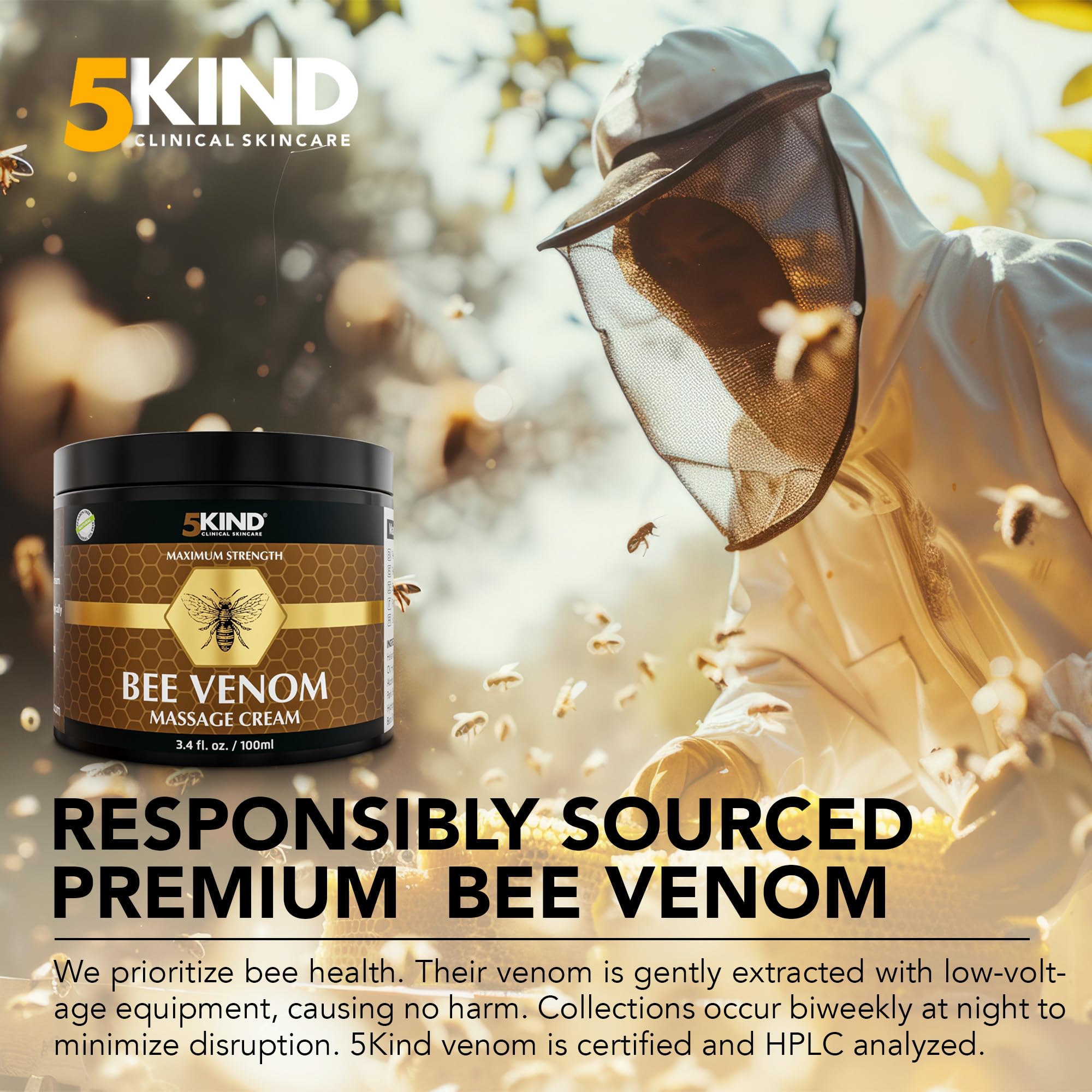 5kind Maximum Strength Bee Venom Cream - Naturally Massage Joints & Muscles, Lower Back, Knee, Neck, Shoulder, Hip & Feet - Responsibly Sourced Premium Bee Venom Cream 3.4 Fl Oz 5kind clinical skincareAu supplements
