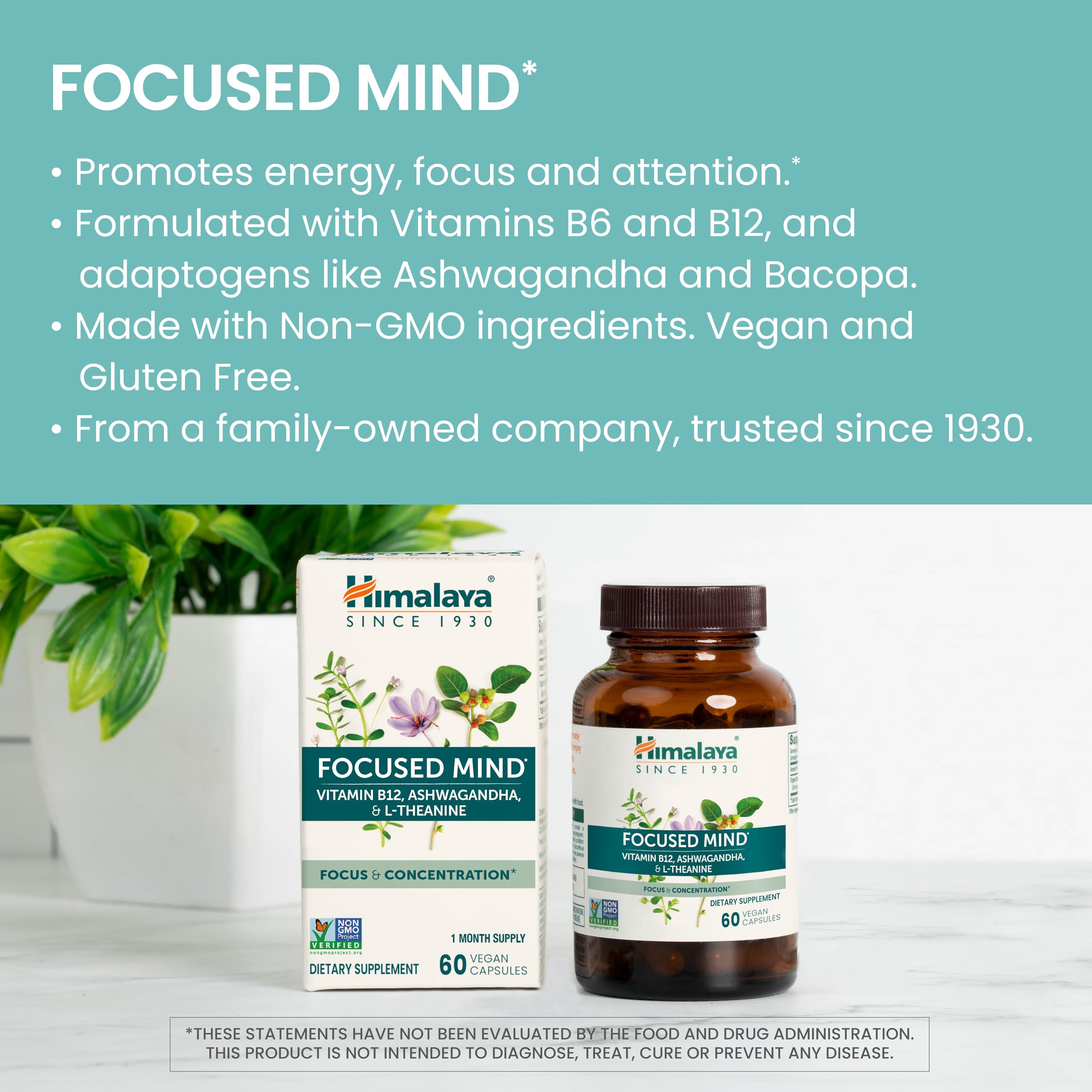 Himalaya Focused Mind Supplement, with Ashwagandha, Bacopa & L-Theanine for Attention, Focus and Energy Support, 60 Vegan Capsules, Gluten Free, 1 Month Supply HimalayaAu supplements