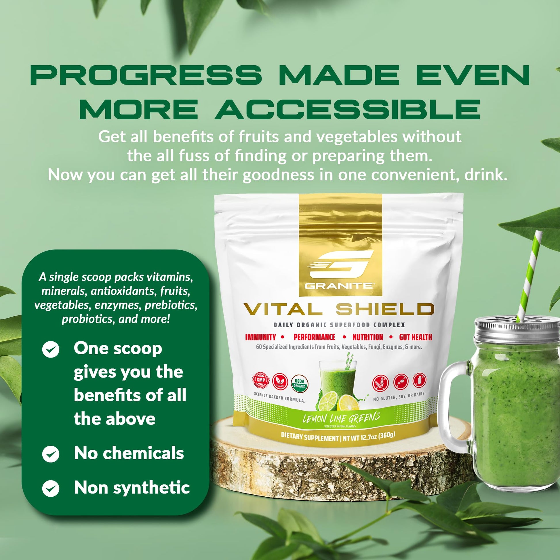 Granite Nutrition Vital Shield - USDA Organic Superfood Greens with Mushrooms & Tart Cherry – Supports Energy, Immune Function & Digestive Health – Lemon Lime Flavor (30 Servings) Granite SupplementsAu supplements