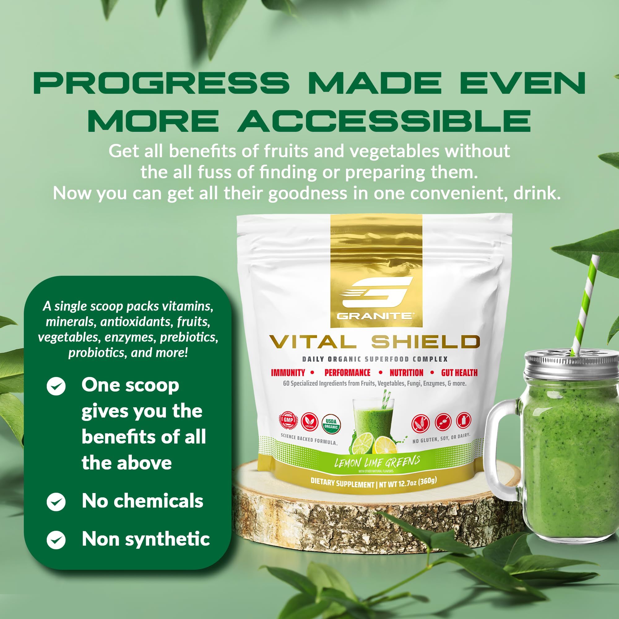 Granite Nutrition Vital Shield - USDA Organic Superfood Greens with Mushrooms & Tart Cherry – Supports Energy, Immune Function & Digestive Health – Lemon Lime Flavor (30 Servings) Granite SupplementsAu supplements
