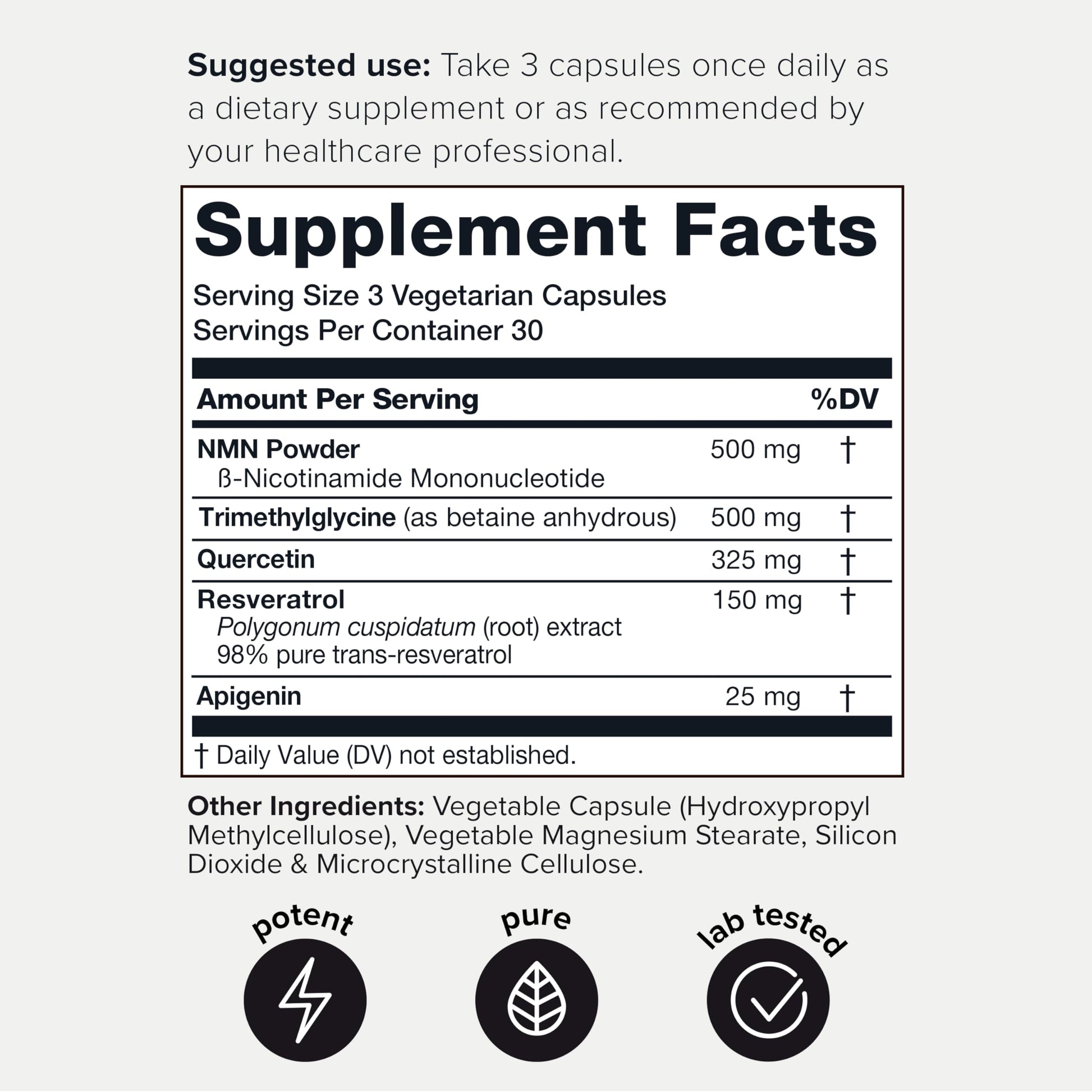 1500mg NMN Supplement with Resveratrol – High Potency Nicotinamide Mononucleotide 500mg with Trimethylglycine, Quercetin, Resveratrol & Apigenin – Pure NMN Capsules – Third-Party Tested – 30 Servings ToniiqAu supplements