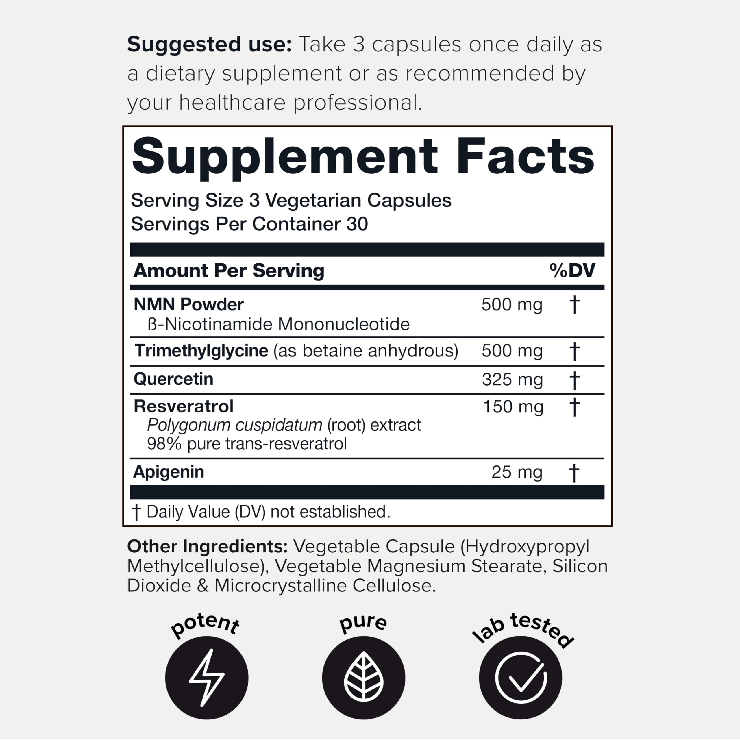 1500mg NMN Supplement with Resveratrol – High Potency Nicotinamide Mononucleotide 500mg with Trimethylglycine, Quercetin, Resveratrol & Apigenin – Pure NMN Capsules – Third-Party Tested – 30 Servings ToniiqAu supplements