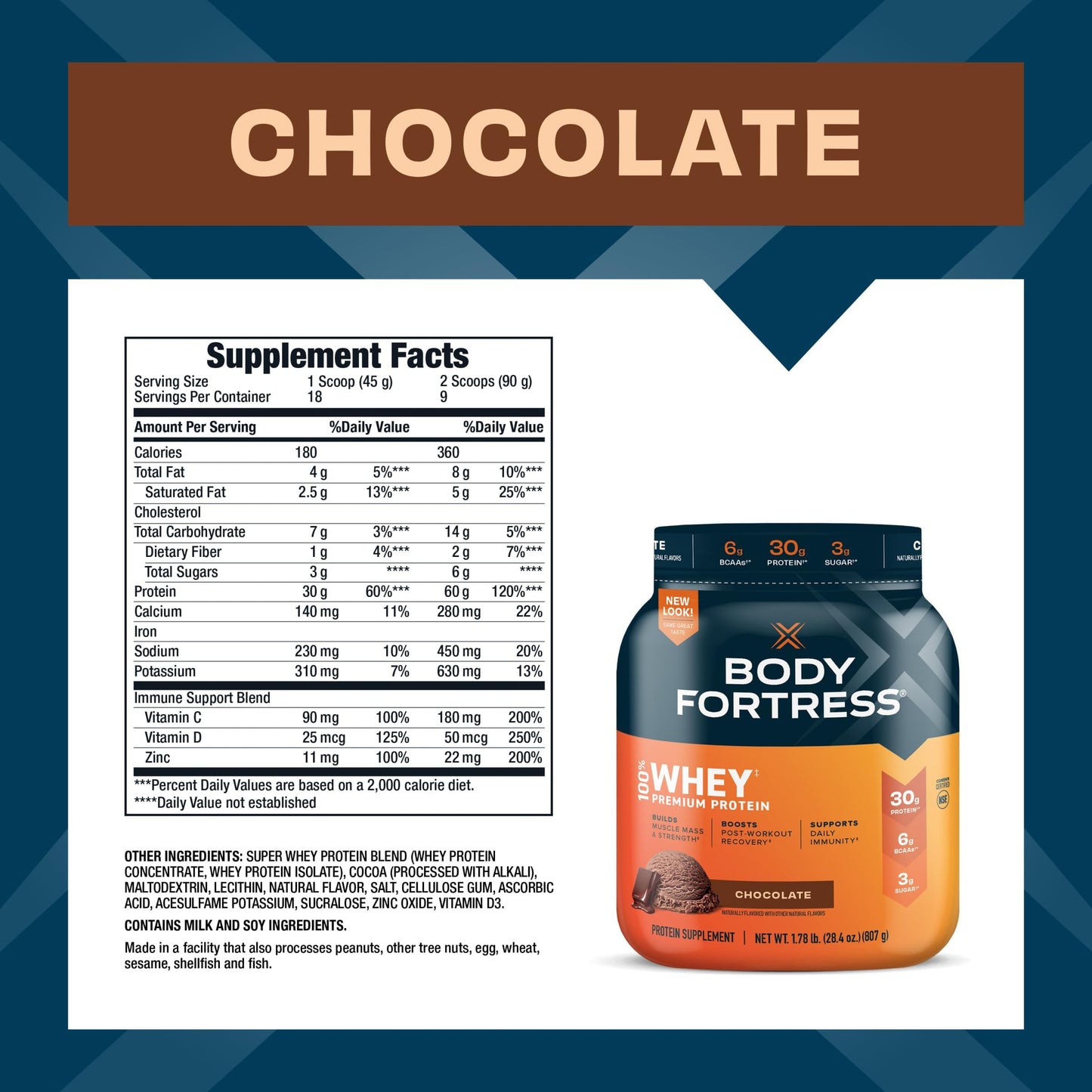Body Fortress 100% Whey, Premium Protein Powder, Chocolate, 1.78lbs, Packaging May Body FortressUS supplements