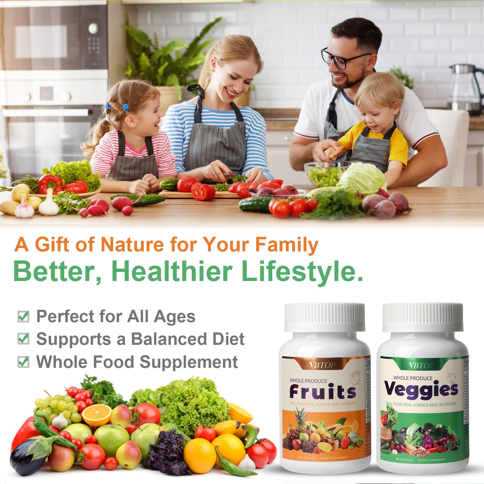VBTOP Fruit & Vegetable Supplement - Natural Ingredients - 2 Bottles - 180 Capsules Total | A Blend of 20+19 Natural Whole Fruits & Vegetables, a Fresh superfood Formula Rich in Vitamins and Minerals VBTOPAu supplements