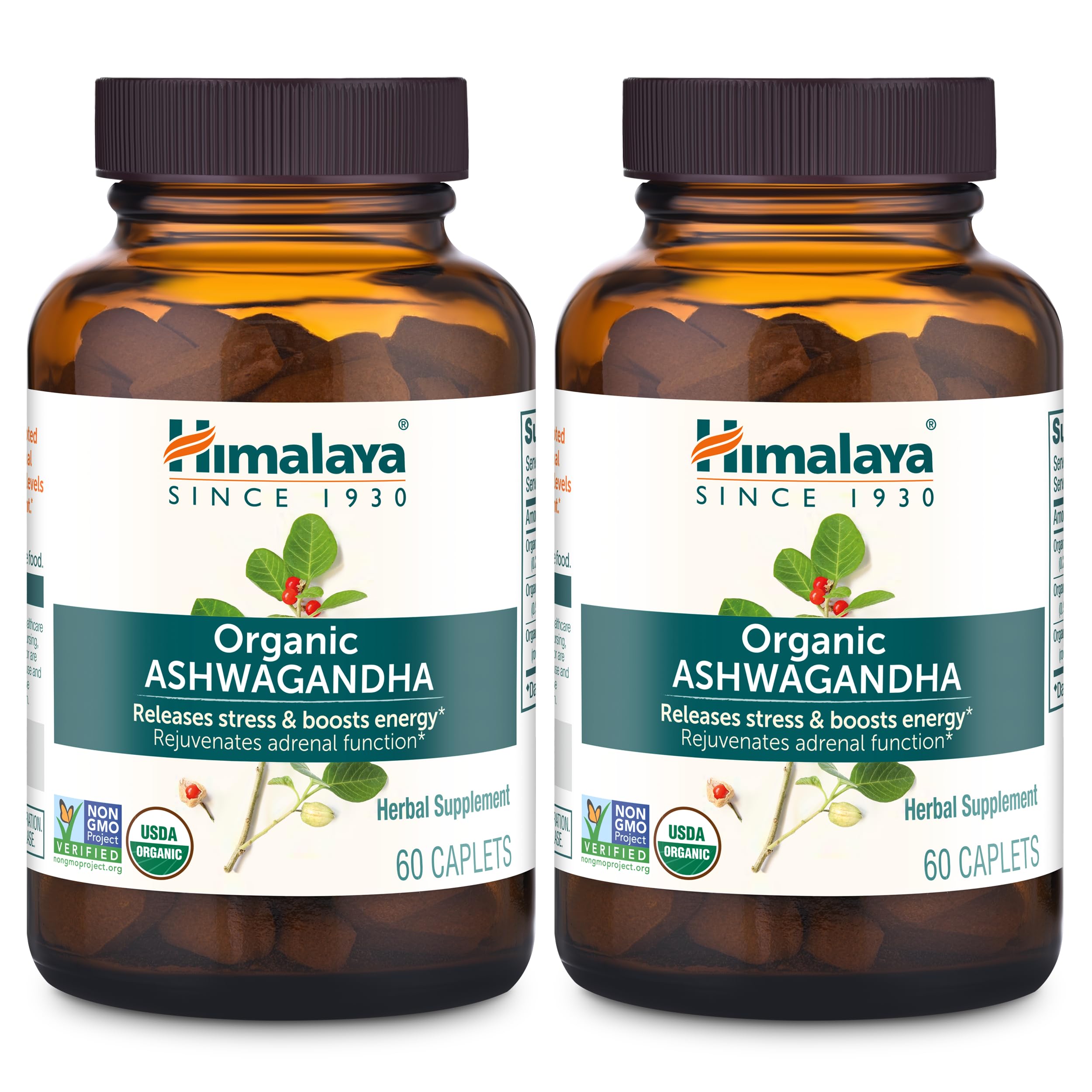 Himalaya Organic Ashwagandha Root, 120 Day Supply - Herbal Adrenal Support Supplements for Stress Relief and Energy Support - USDA Organic, Non-GMO, Vegan, Gluten Free, 60 Caplets, 2 Pack HimalayaAu supplements