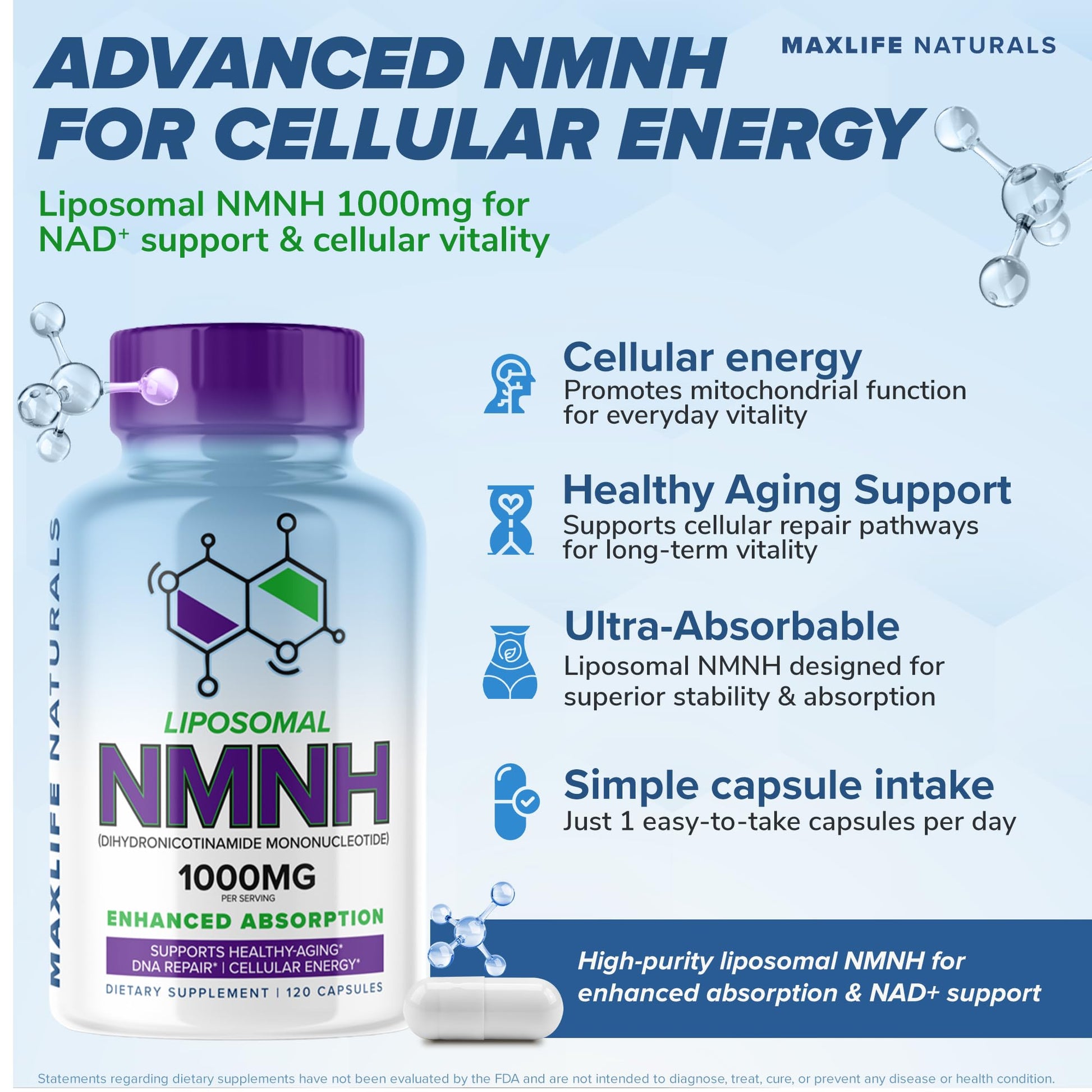 Liposomal NMNH 1000mg - 120 Capsules, Dihydronicotinamide Mononucleotide NAD+ Precursor - Ultra-Absorbable NAD Plus Complex, Liposomal NMN Supplements Capsules for Aging Support & Cellular Energy MAXLIFE NATURALSAu supplements