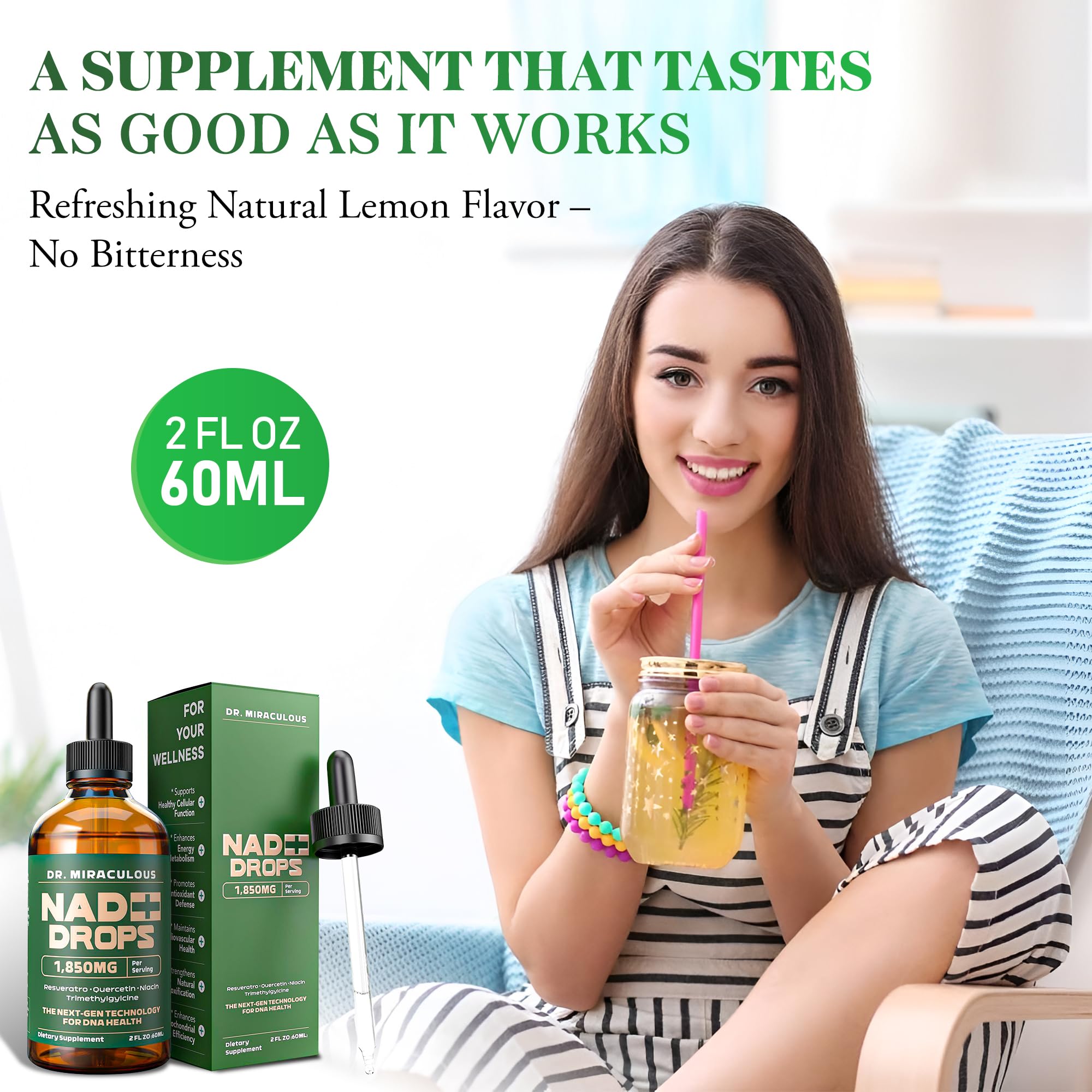 Dr. Miraculous Pure NAD+ Supplements 1850mg Liquid Drops for Women & Man | Nicotinamide Riboside Organic NAD Plus Boosting Supplement - Natural Lemon Flavor Dr. MiraculousAu supplements