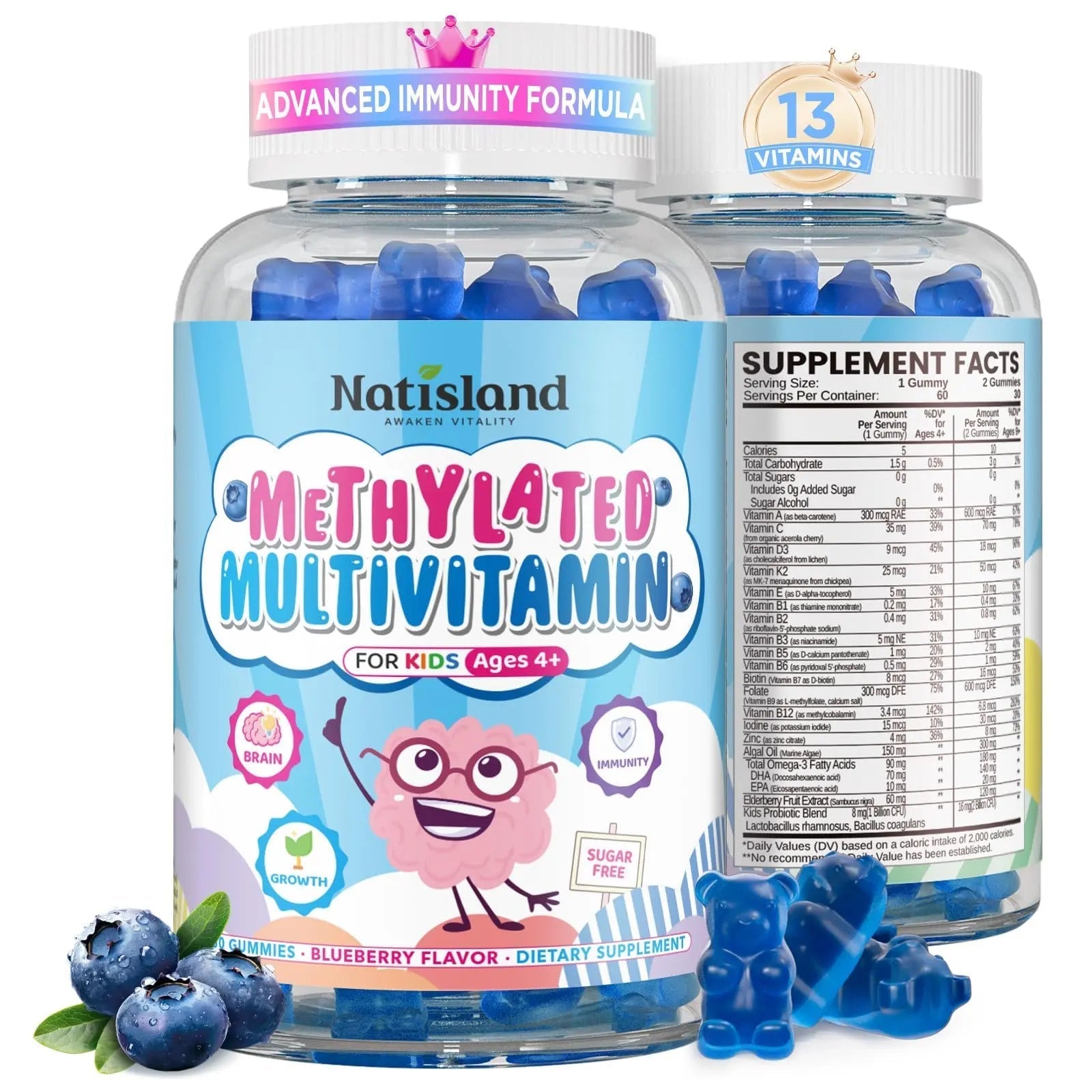 Kids Methylated Multivitamin - MTHFR Multivitamin for Kids & Teens 4+, L Methylfolate & B12, 13 Vitamins, Vegan Omega-3 NATISLANDAu supplements