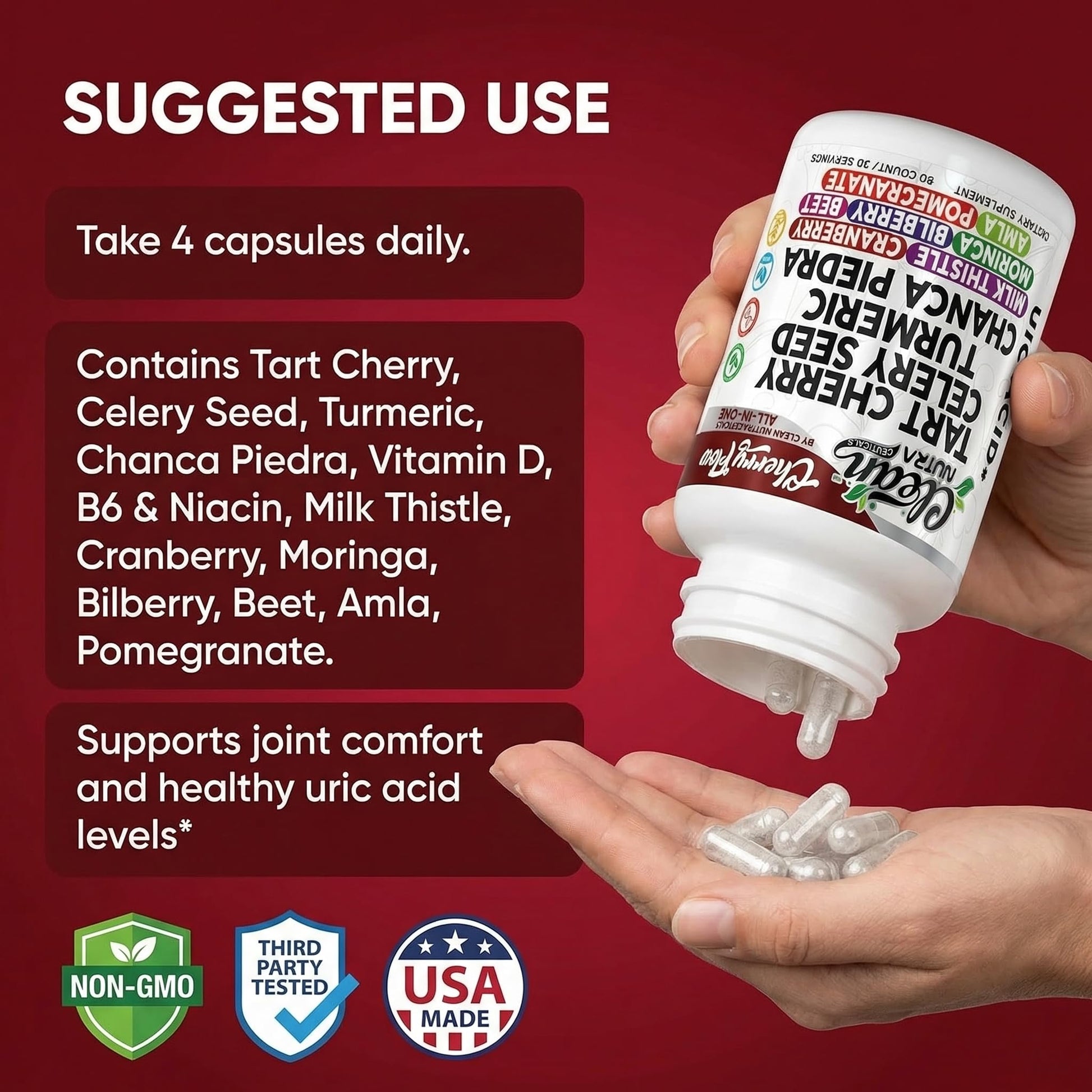 Cherry Flow Tart Cherry Capsules Uric Acid Support Celery Seed Turmeric Chanca Piedra Vitamin D Vitamin B6 Niacin Milk Thistle Moringa Extract Pomegranate Beets 90 Count By Clean Nutra Clean NutraceuticalsAu supplements