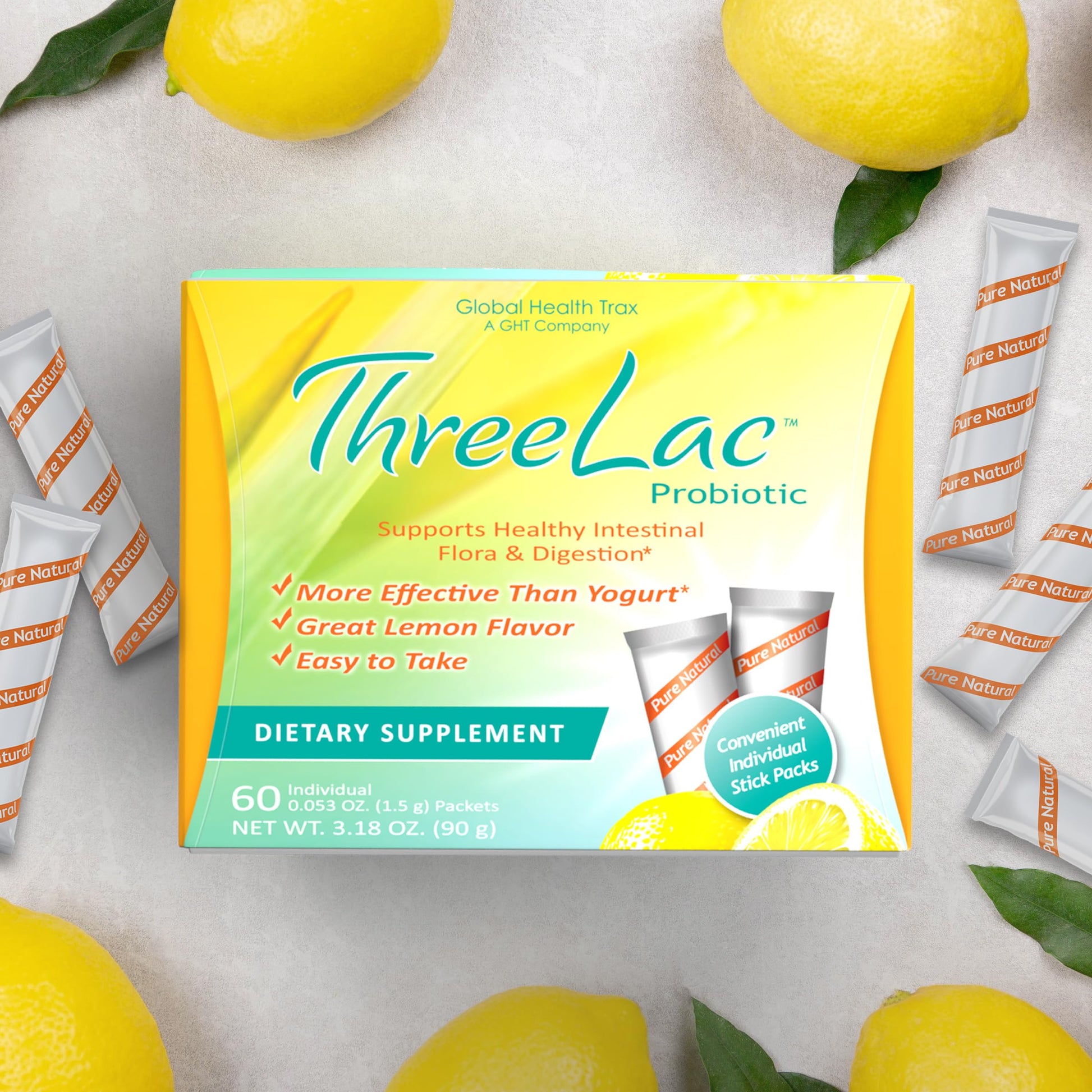 Global Health Trax ThreeLac Lemon Probiotic Drink Mix for Digestive Health - Advanced Probiotic Powder Formula for Men, Women, and Kids - Immune Support & Gut Balance, Non-GMO - 120 Packets ght Global Health TraxAu supplements