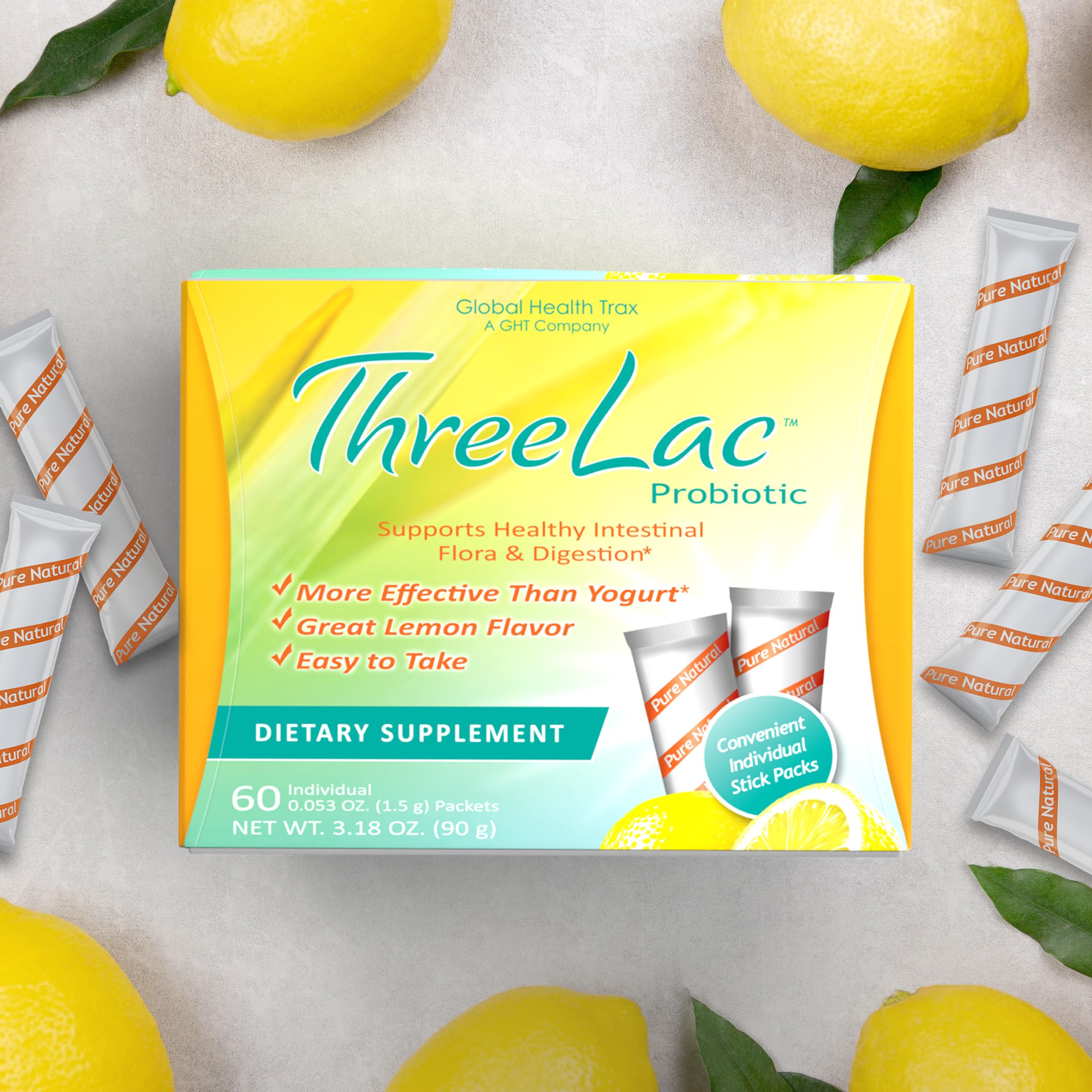 Global Health Trax ThreeLac Lemon Probiotic Drink Mix for Digestive Health - Advanced Probiotic Powder Formula for Men, Women, and Kids - Immune Support & Gut Balance, Non-GMO - 120 Packets ght Global Health TraxAu supplements
