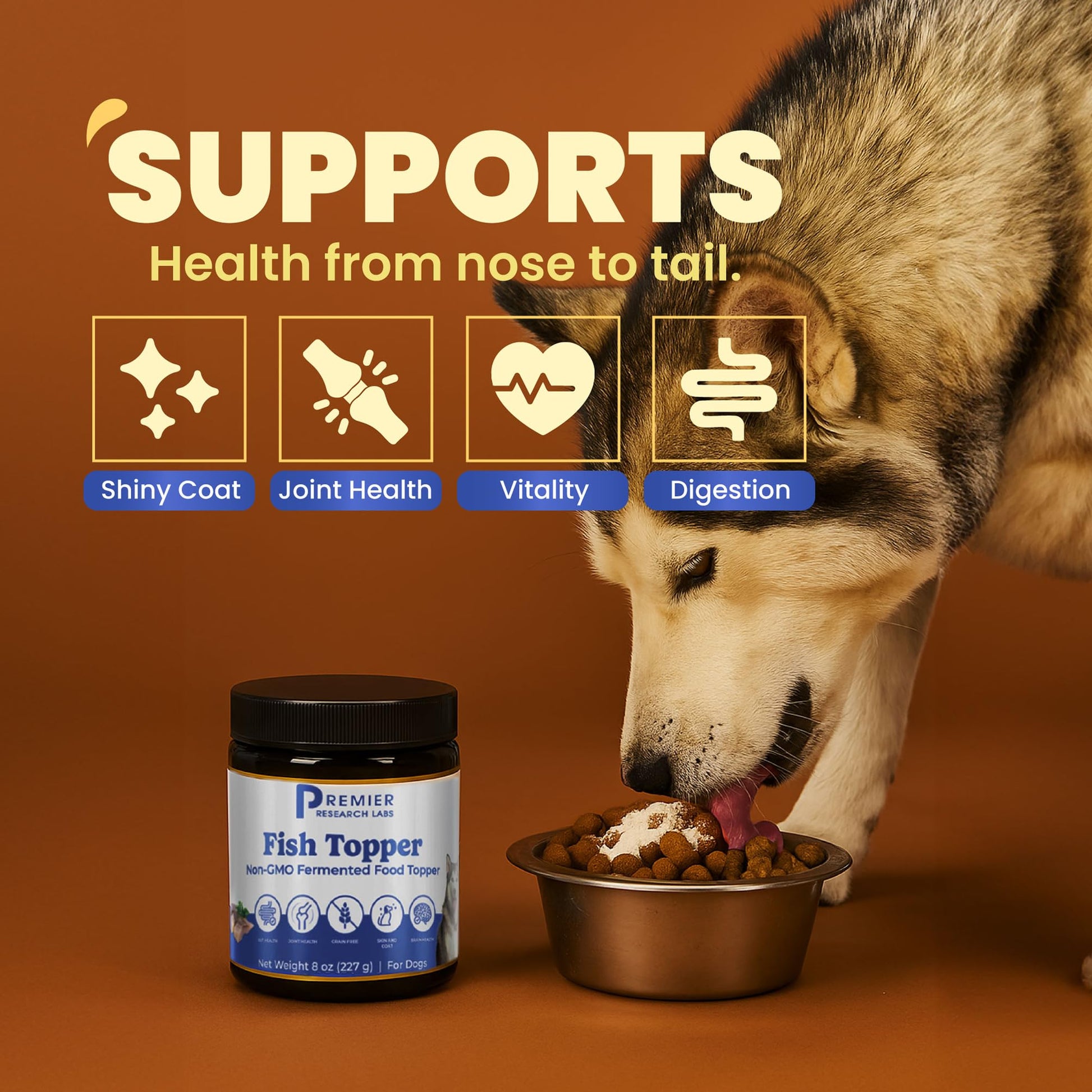 Premier Research Labs Fish Topper - Dried Dog Food Topper for Pets, Meal Mix Ins for Kibble, Supports Gut & Joint Health, Natural Source of Protein, Fermented, Grain Free, Non GMO - 16 oz Premier Research LabsAu supplements