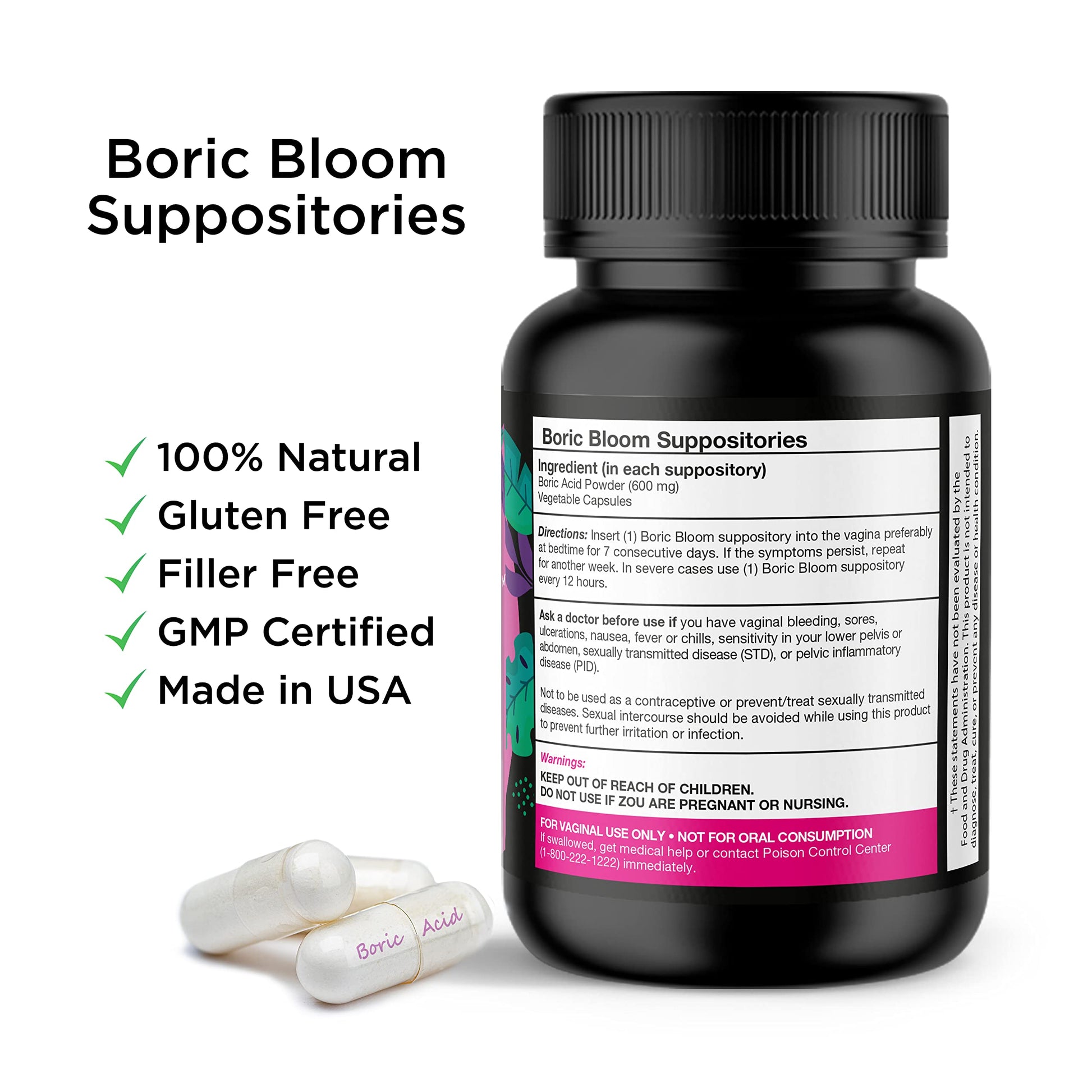 Boric Acid Suppositories - Vaginial Suppository Bacterial Vaginosis, pH Balance for Women Pills Yoni Peach CareAu supplements