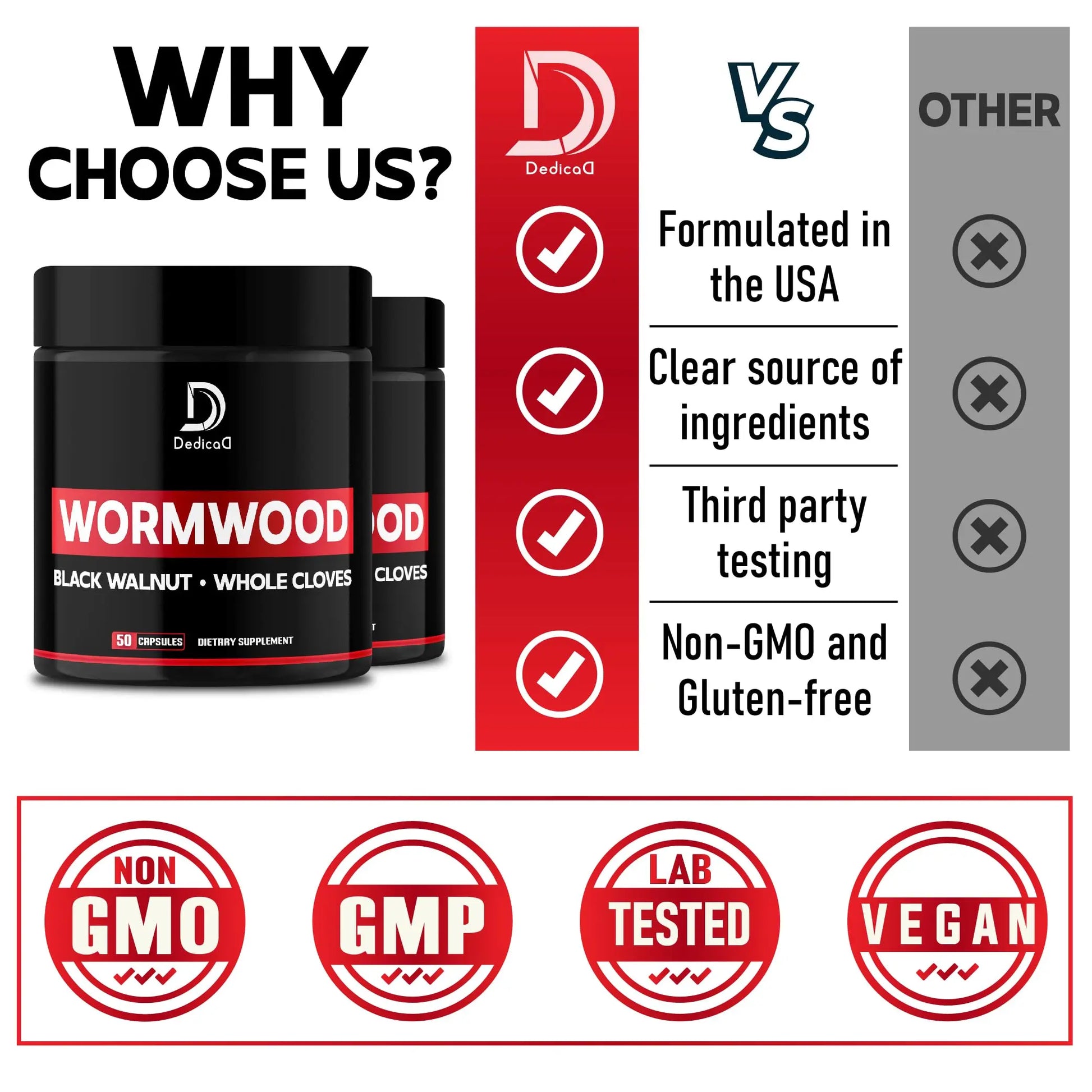 DEDICAD Wormwood Capsules - 12 Herbs Blended Black Walnut, Cloves, Ginger, Turmeric, Cinnamon, Apple, Quassia - 2 Packs 50 Capsules DEDICADnz supplements