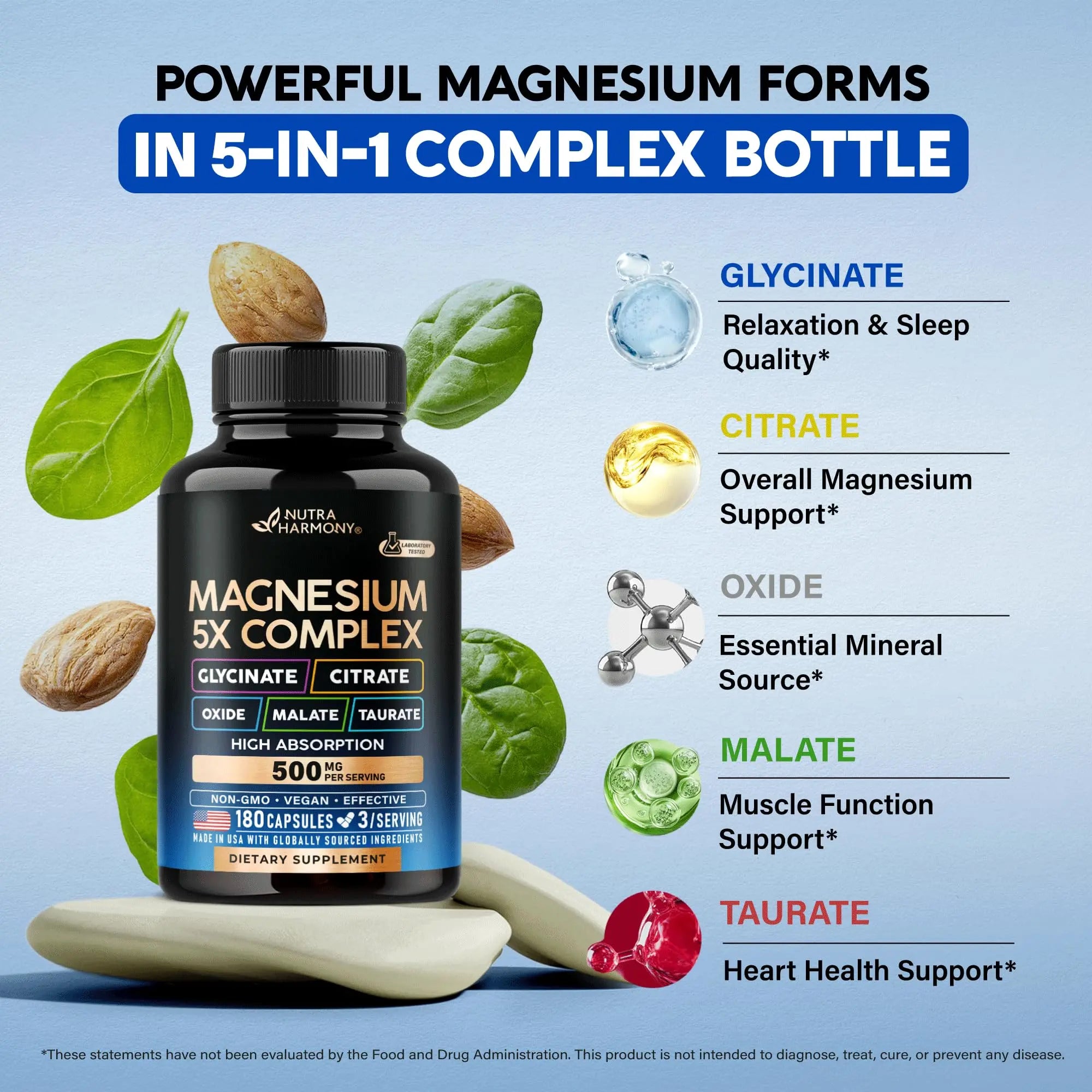 Magnesium Supplement - 5 in 1 Complex | Glycinate | Citrate | Malate | Taurate | Oxide - Made in USA - Stress, Muscle & Heart Support - Vegan, Natural, Non-GMO - 180 Capsules, 2 Month Supply NUTRAHARMONYnz supplements