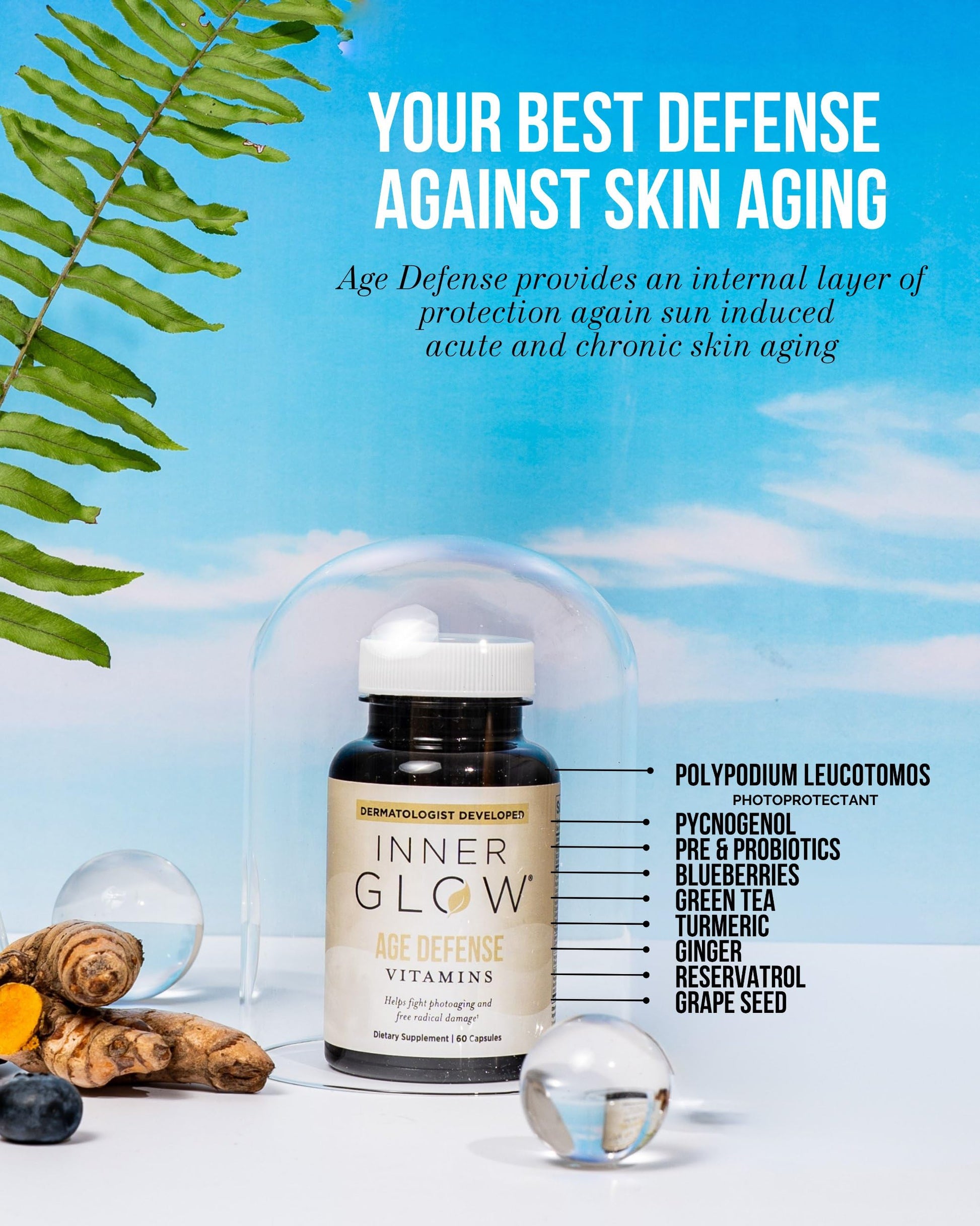 Inner Glow Age Defense Vitamins - Dermatologist and Plastic Surgeon Developed to Fight photoaging and Melasma, Polypodium Leucotomos Antioxidant Formula – Vegan, Gluten-Free – 60 Capsules Inner GlowAu supplements