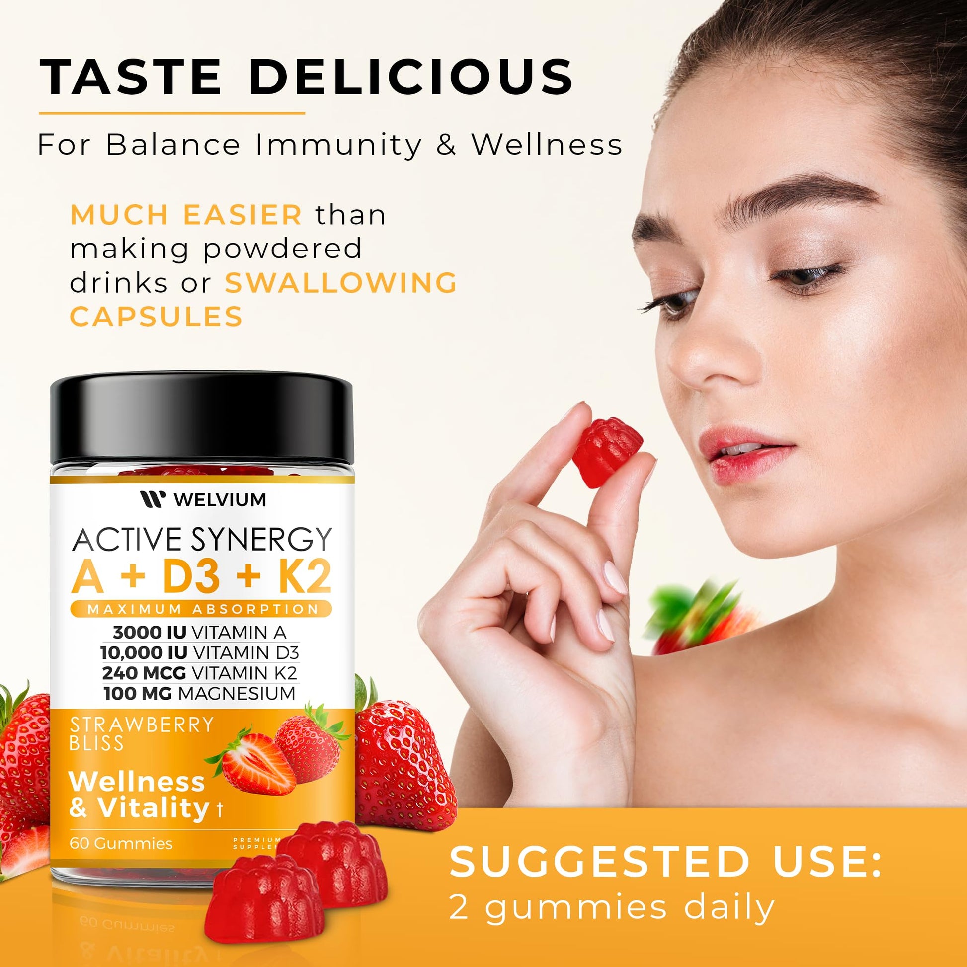 WELVIUM Vitamin D3 K2 Gummies 10000 IU with Magnesium Glycinate, Calcium, B12, K2 MK-7, Vitamins A, E, Lutein, Zeaxanthin - ADK Chewable Supplement for Bone, Eye, Immune Support - D3K2 Gummies WELVIUMAu supplements