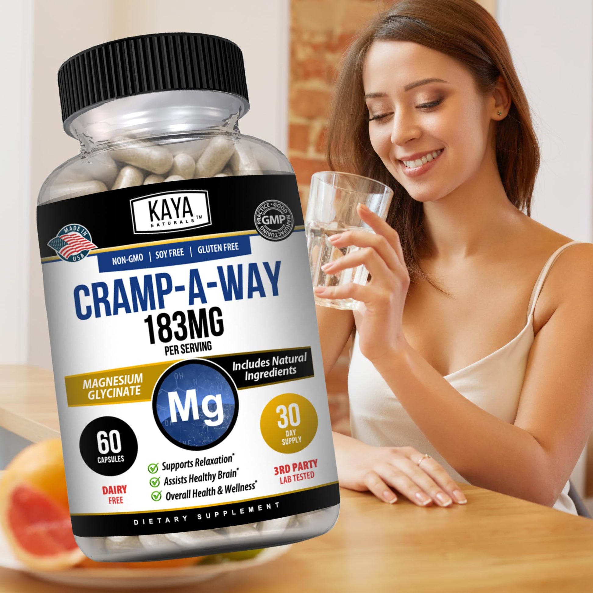 Kaya Naturals Cramp-A-Way Magnesium Glycinate 183mg (60 Count (Pack of 1) Kaya NaturalsAu supplements