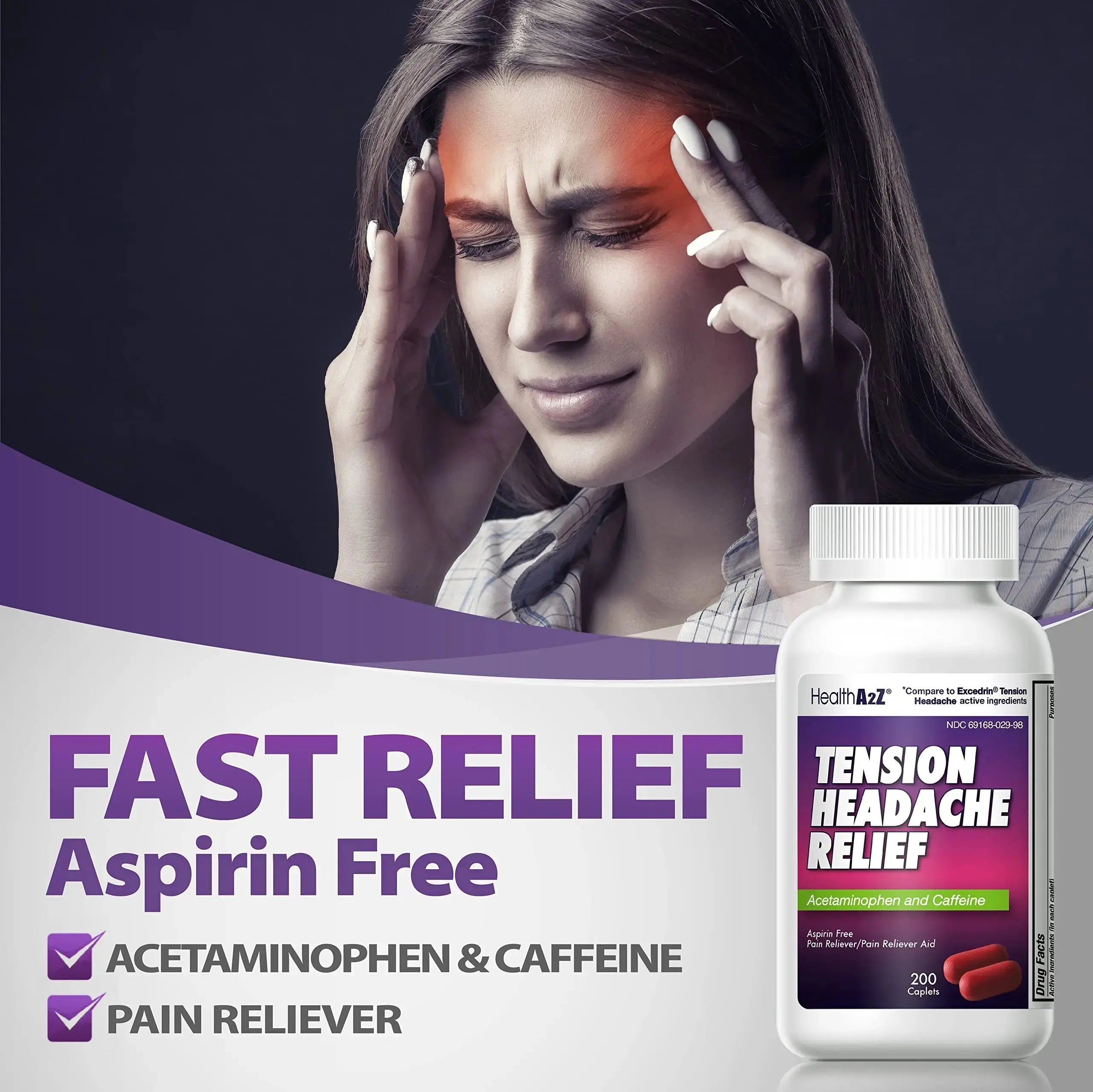 HealthA2Z® Tension Headache Relief | Acetaminophen 500mg | Caffeine 65mg | Pain Reliever Aid | Aspirin Free (200 caplets (Pack of 1)) HealthA2ZAu supplements