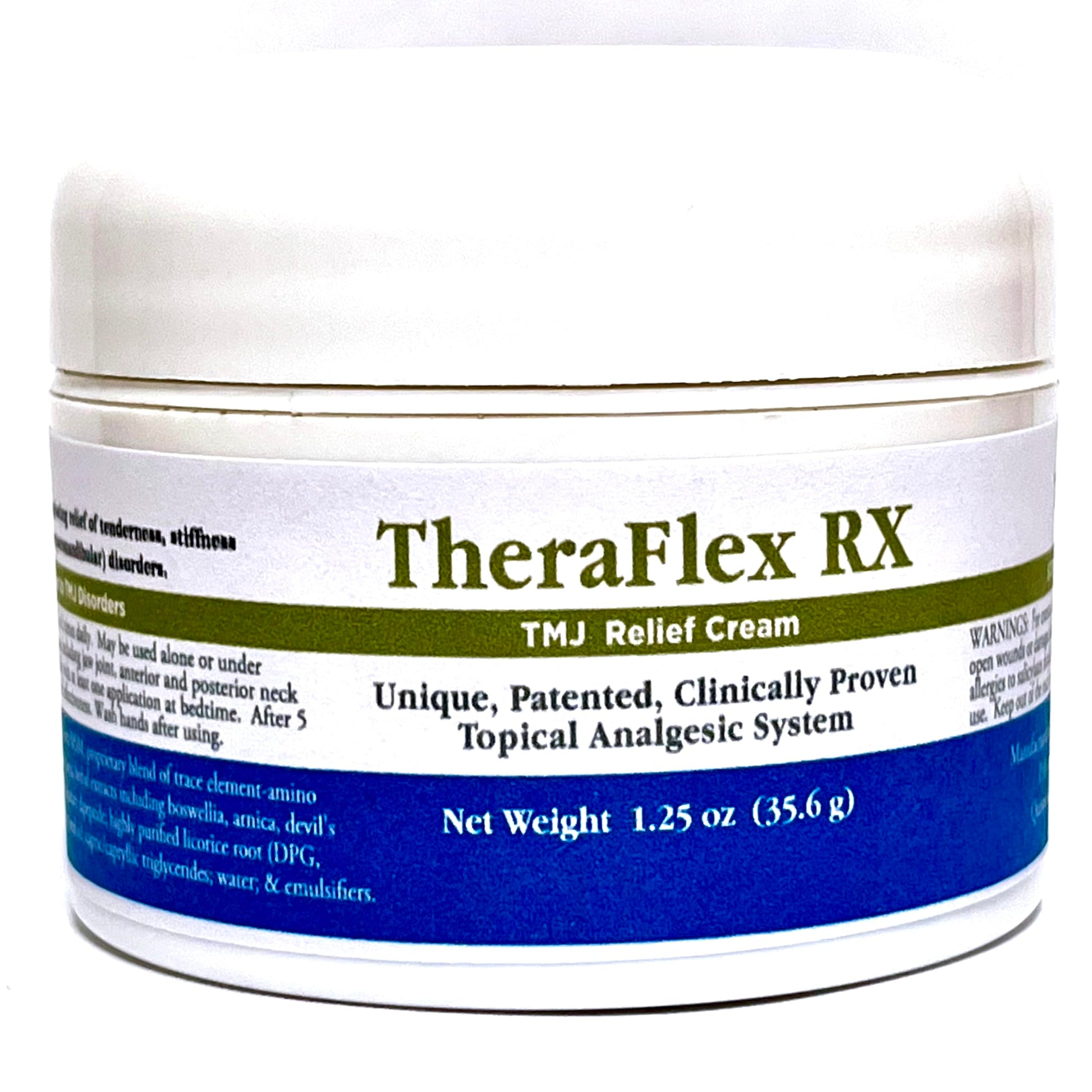 Theraflex RX® TMJ Cream (Doctor Formulated). This is a Patented Topical Cream which Provides Masseter Muscle and temporomandibular Joint Relief (TMJ) Theraflex RXAu supplements