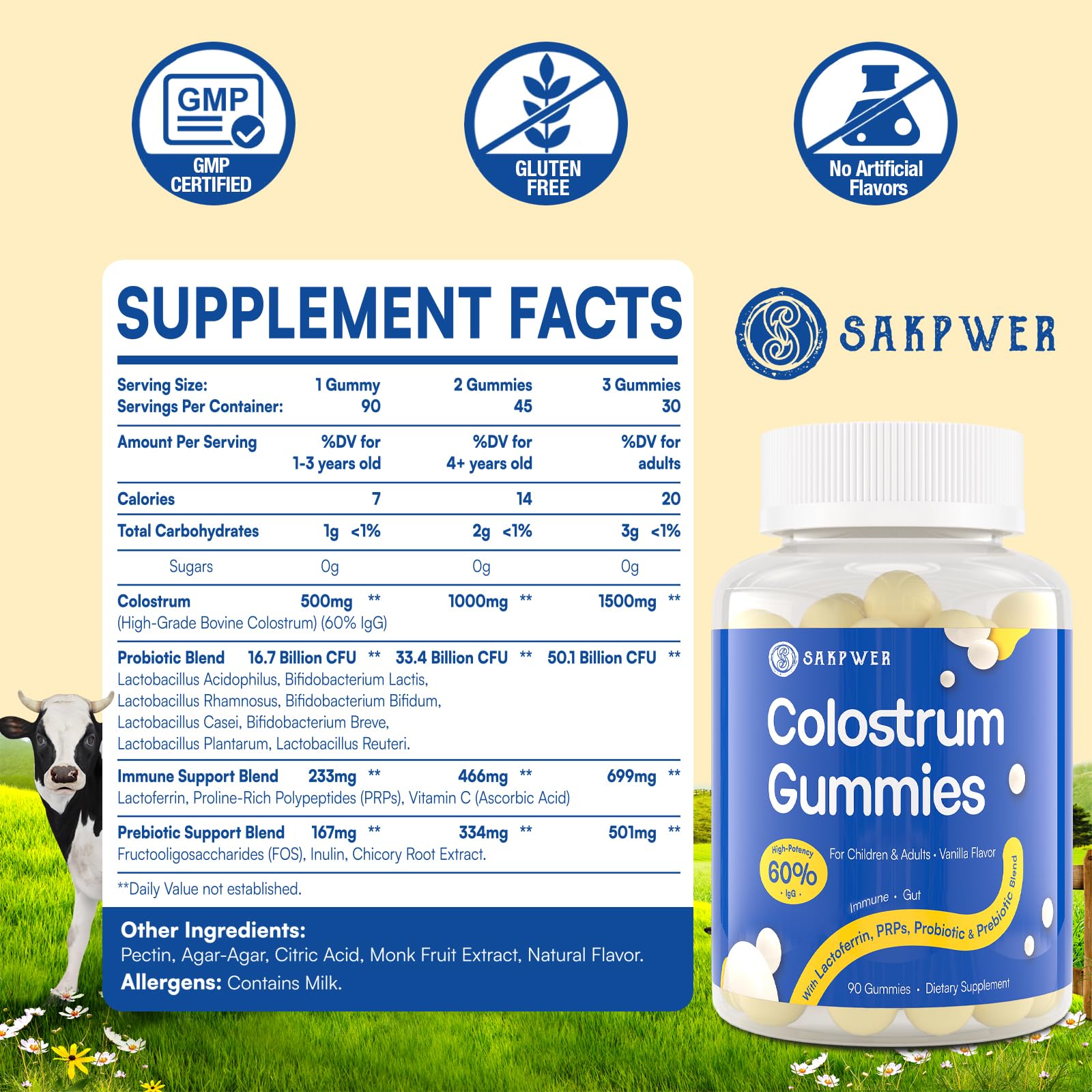 Sakpwer Bovine Colostrum Supplement Gummies - with 60% Highest IgG, Lactoferrin, Probiotics and Prebiotics for Adults and Kids, Vanilla Flavor & Sugar Free, 90 Gummies SakpwerAu supplements