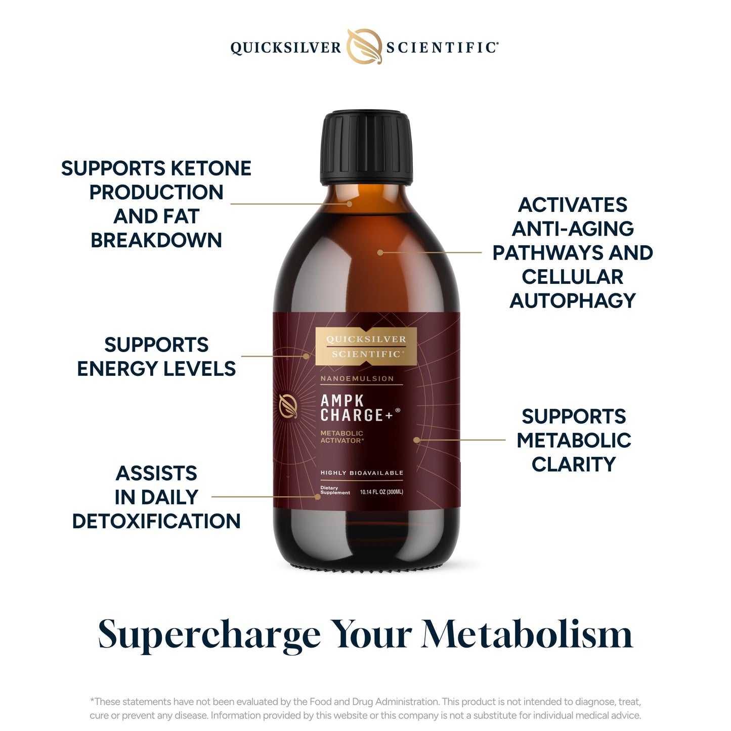 Quicksilver Scientific AMPK Charge+ - Support The Benefits of Intermittent Fasting, Carb Restrictive + Keto Protocols - Promotes Energy Production, Fat Breakdown + Healthy Aging (10.14oz / 300ml) Quicksilver ScientificUS supplements
