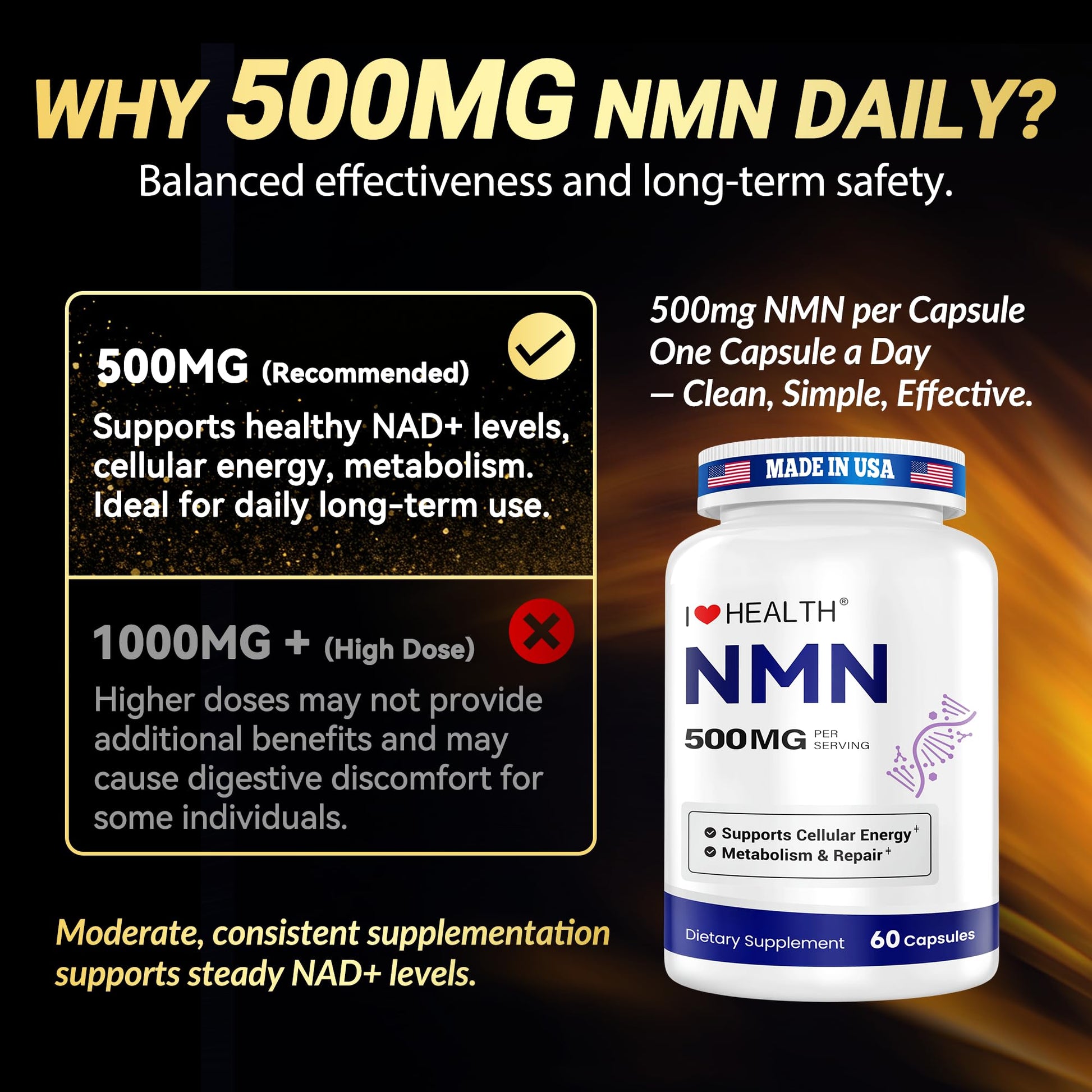 NMN 500MG Per Capsule – High Purity 99.9% NMN, NAD+ Support for Cellular Energy & Healthy Aging, 60 Capsules, Third-Party Tested, cGMP Made in USA I LOVE HEALTHAu supplements