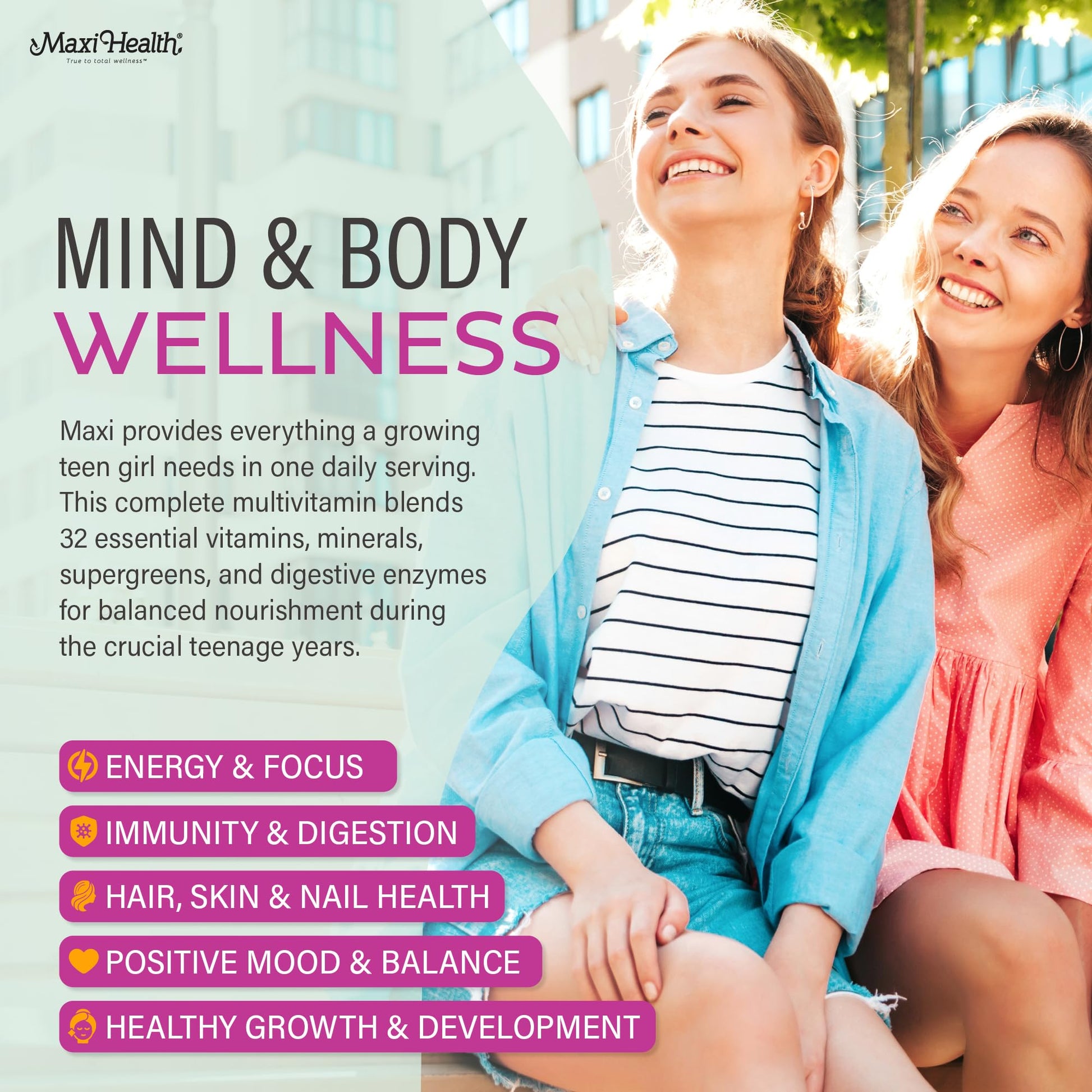 Teen Vitamins for Girls 12-17 - Teen Multivitamin D3, Iron, Calcium, Biotin, Zinc, Digestive Enzymes – Teenager Girl Multi Vitamins Maxi HealthUS supplements