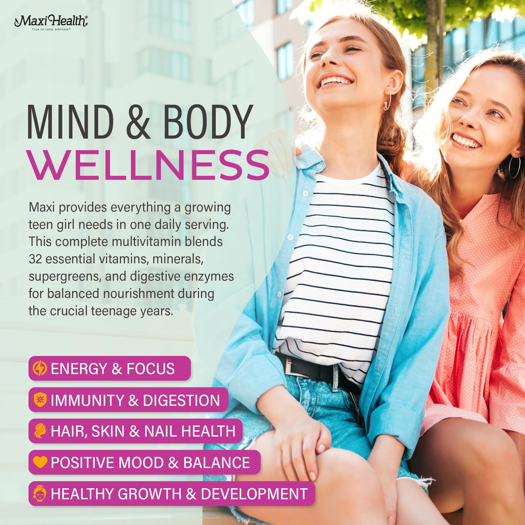 Teen Vitamins for Girls 12-17 - Teen Multivitamin D3, Iron, Calcium, Biotin, Zinc, Digestive Enzymes – Teenager Girl Multi Vitamins Maxi HealthUS supplements