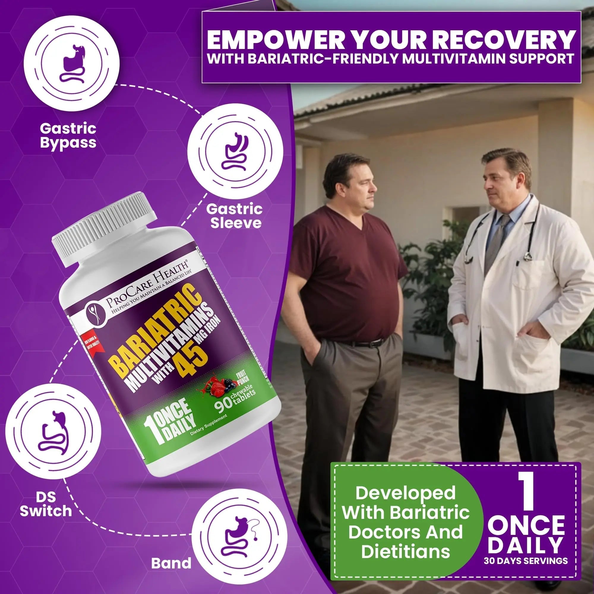 Procare Health Bariatric Multivitamin with Iron 45mg Chewable (90 Tablets) - Fruit Punch Flavor Bariatric Multivitamin Chewable Pills for Gastric Bypass ProCare HealthAu supplements