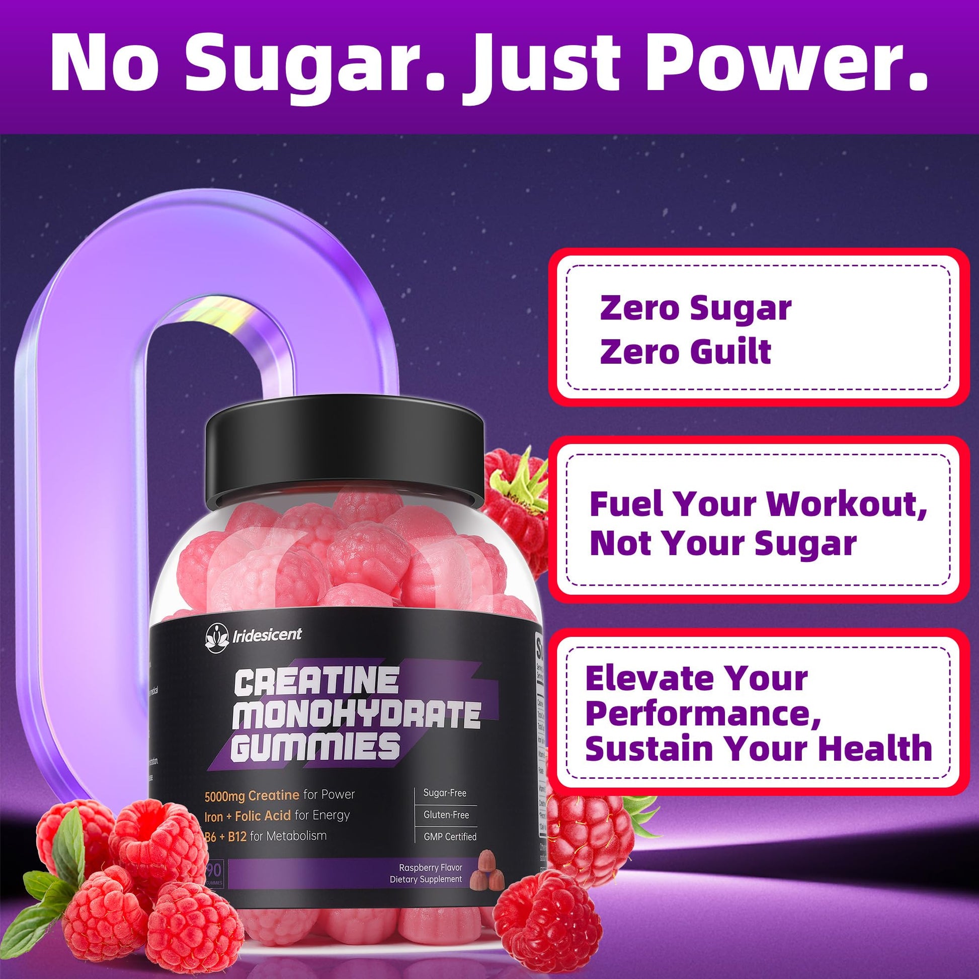 IRIDESICENT Creatine Monohydrate Gummies 5000mg w/Iron, Vitamin B6 & B12, Sugar Free 5g Creatine Supplements for Women and Men Boost Energy & Muscle Recovery - 90 Raspberry Gummies IRIDESICENTAu supplements