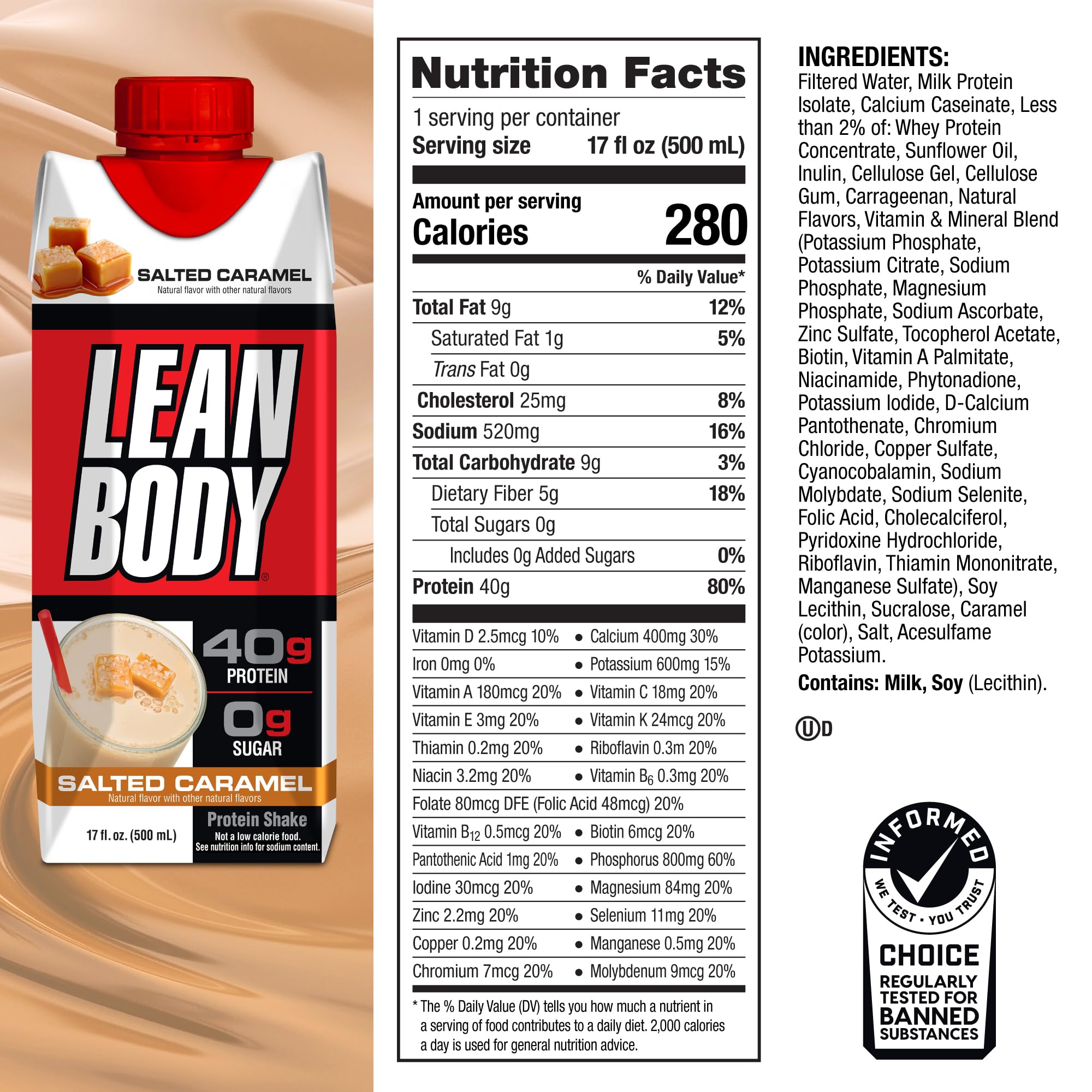 Lean Body Ready-to-Drink Salted Caramel Protein Shake, 40g Protein, Whey Blend LabradaUS supplements