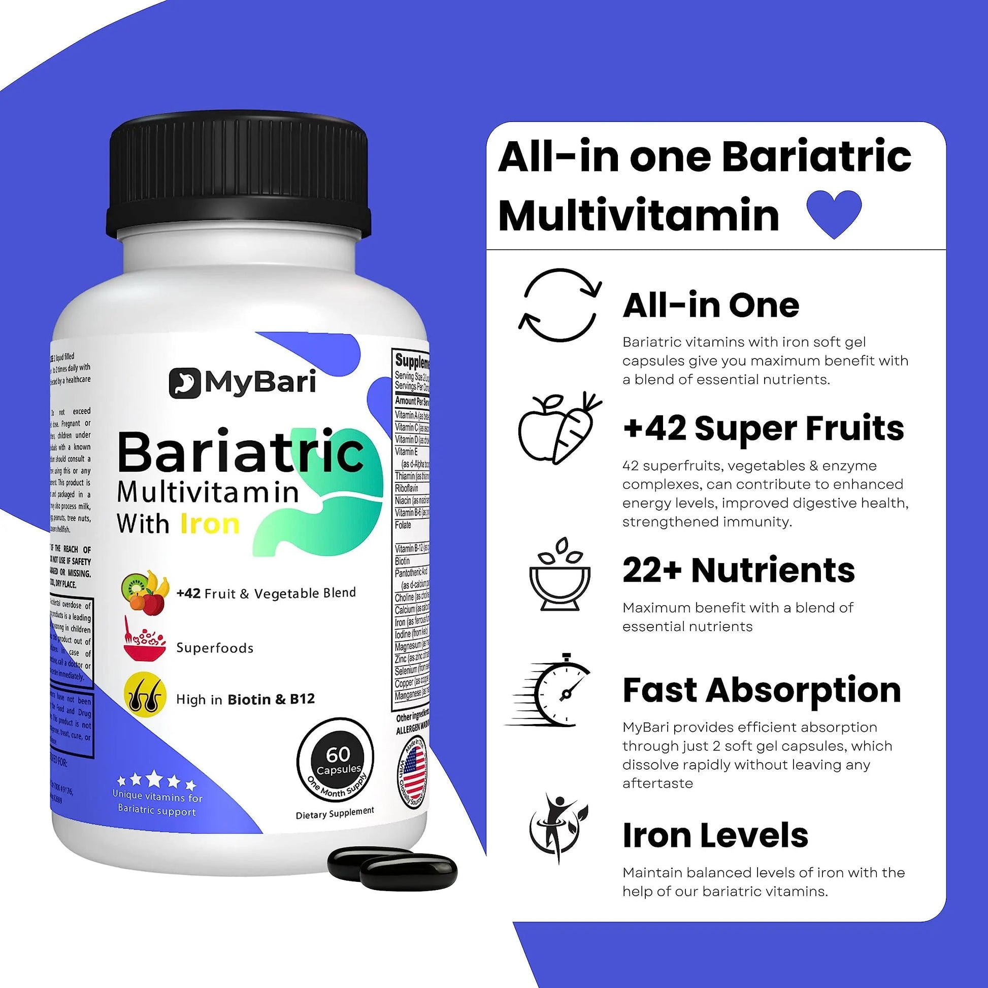 MyBari All-in-One Bariatric Multivitamin with Iron - Made in USA - for Men & Women - Supports Gastric Sleeve & Bypass with 42+ Fruit & Veggie Blend - 60 Liquid Capsules MyBariAu supplements